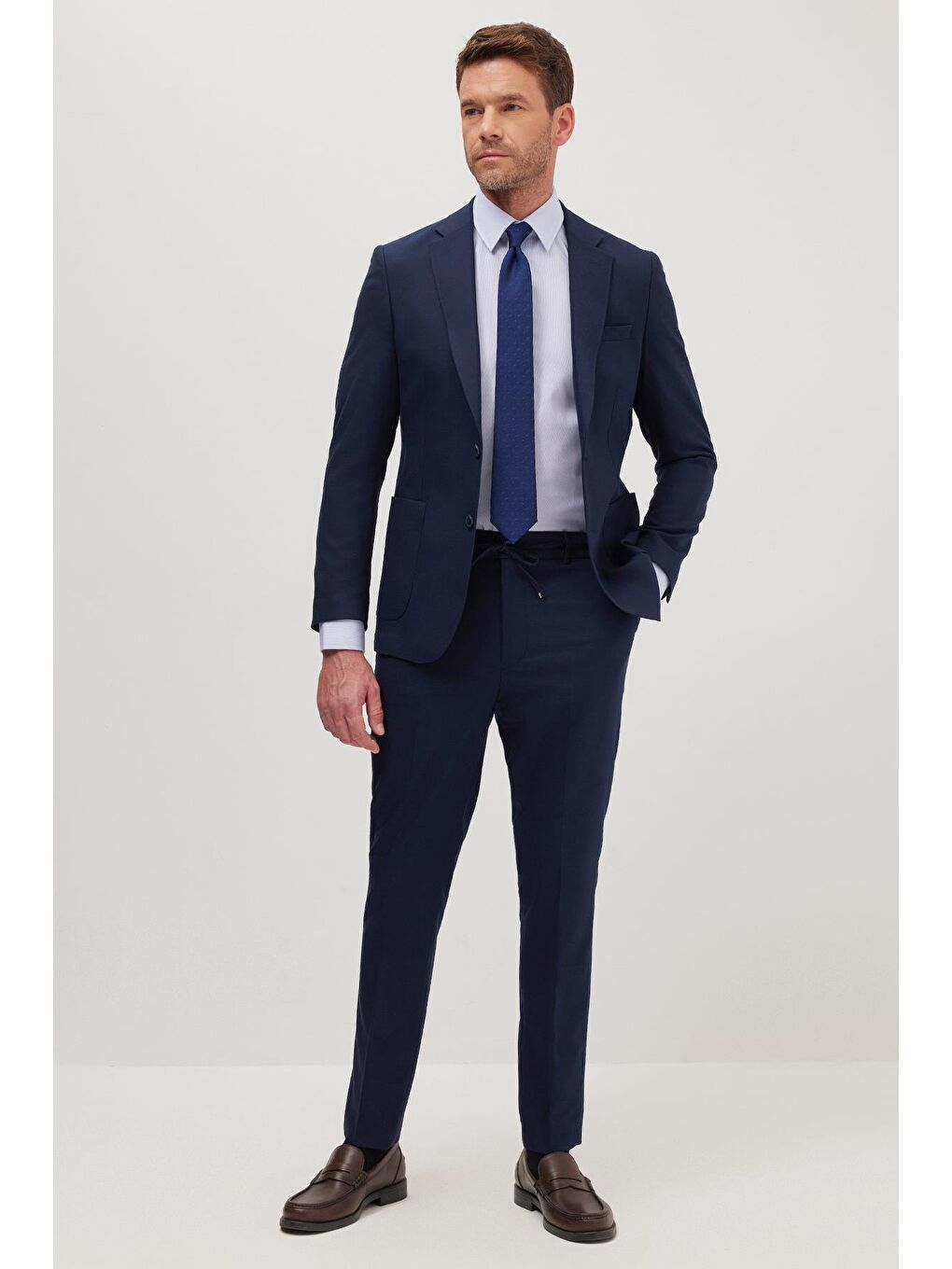 Erkek Slim Fit Mono Yaka Elastanlı Esnek Kumaş Lacivert Takım Elbise