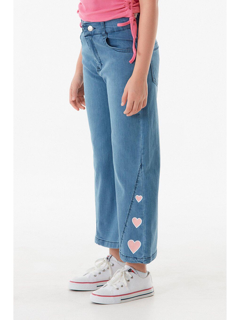 Mavi Kalp Baskılı Palazzo Kız Çocuk Pantolon-1