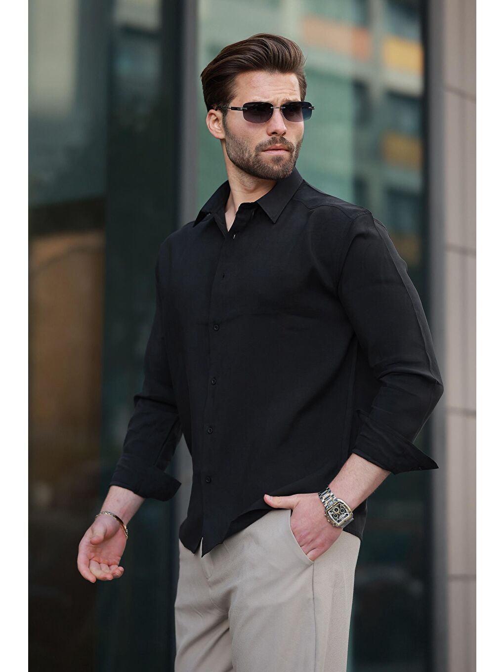 Siyah Basic Uzun Kollu Erkek Gömlek E6762