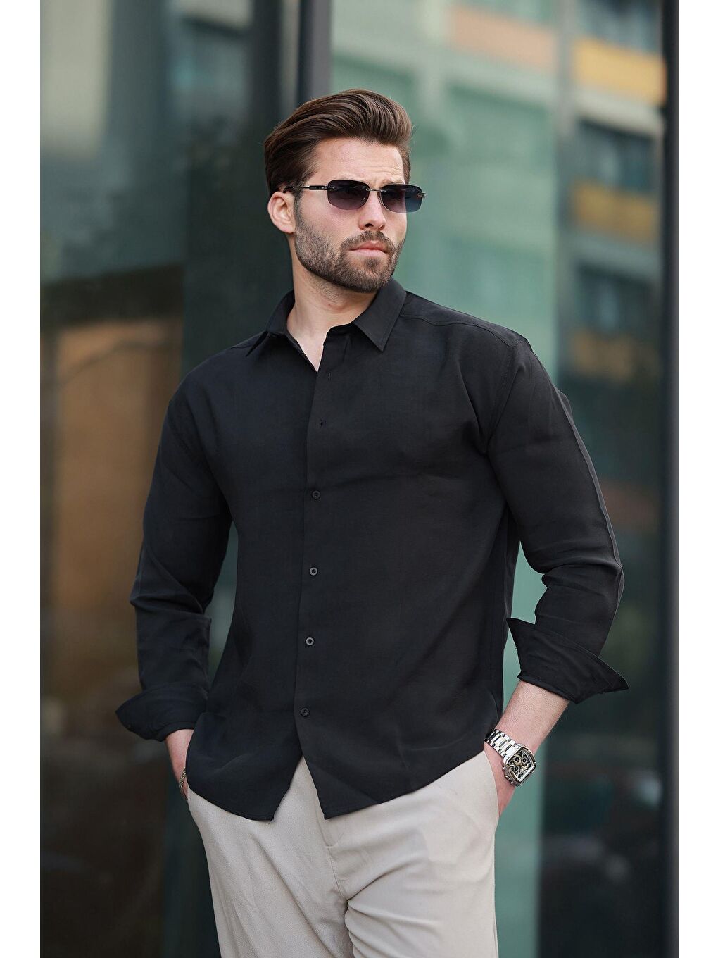 Siyah Basic Uzun Kollu Erkek Gömlek E6762-1