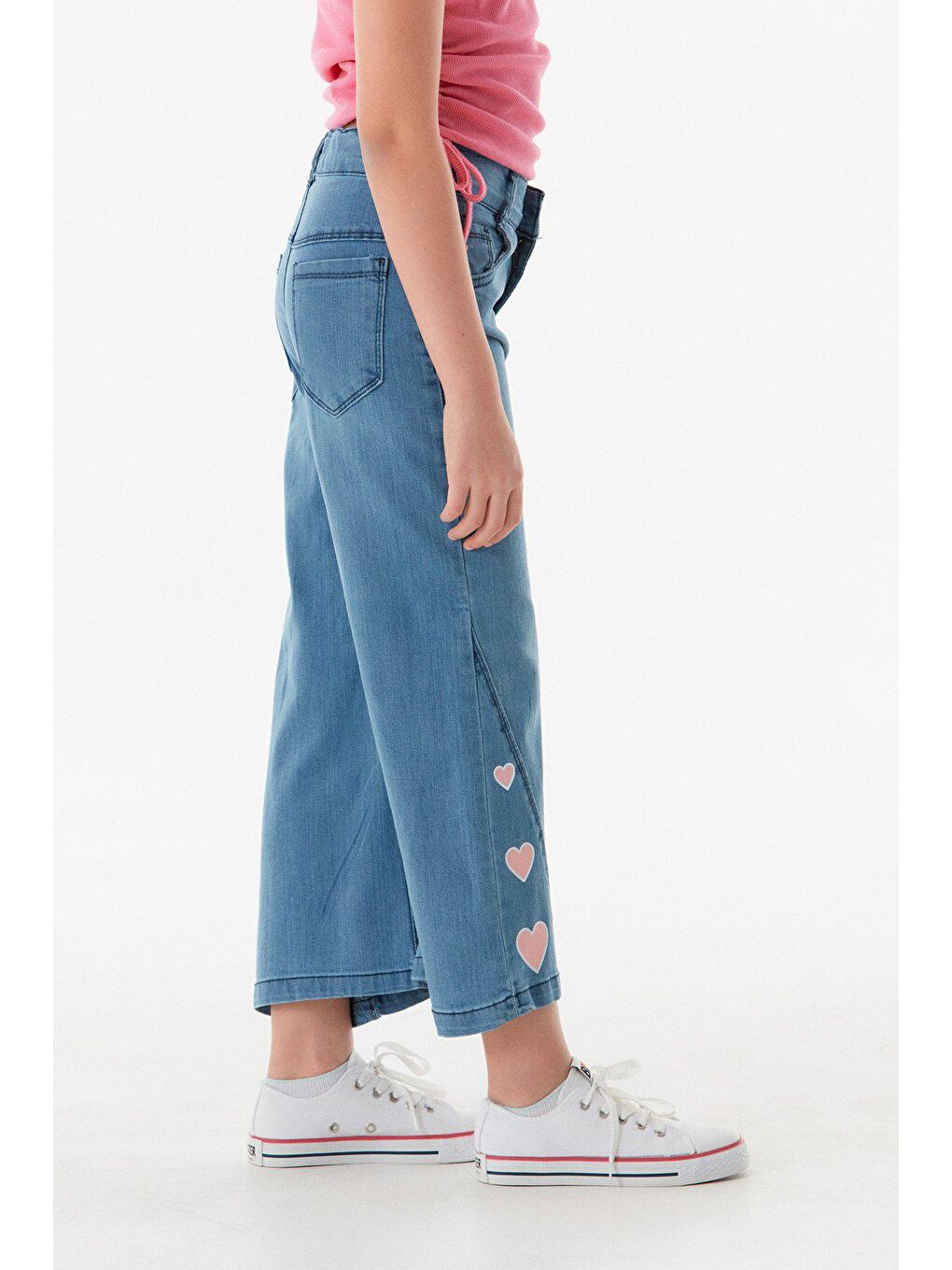 Mavi Kalp Baskılı Palazzo Kız Çocuk Pantolon-4