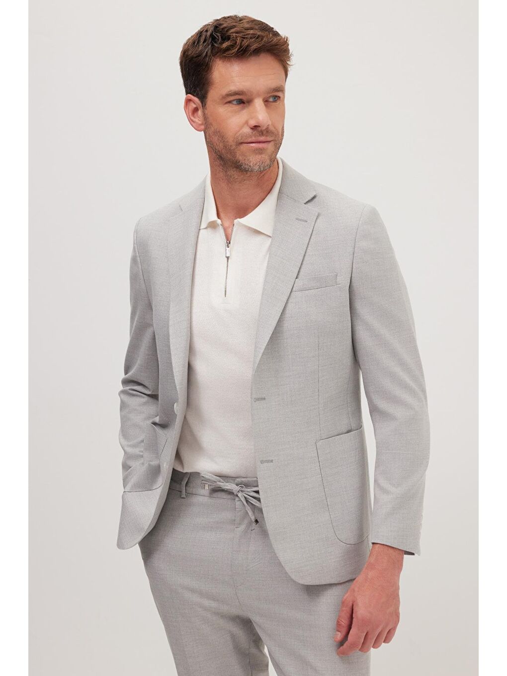 Erkek Slim Fit Mono Yaka Elastanlı Esnek Kumaş Gri Takım Elbise-1