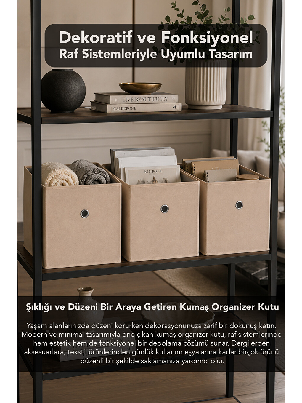 3'lü Dolap İçi Organizer - Oyuncak Kıyafet Saklama Raf Düzenleyici Sepet 30x30x30 Cm Bej-1