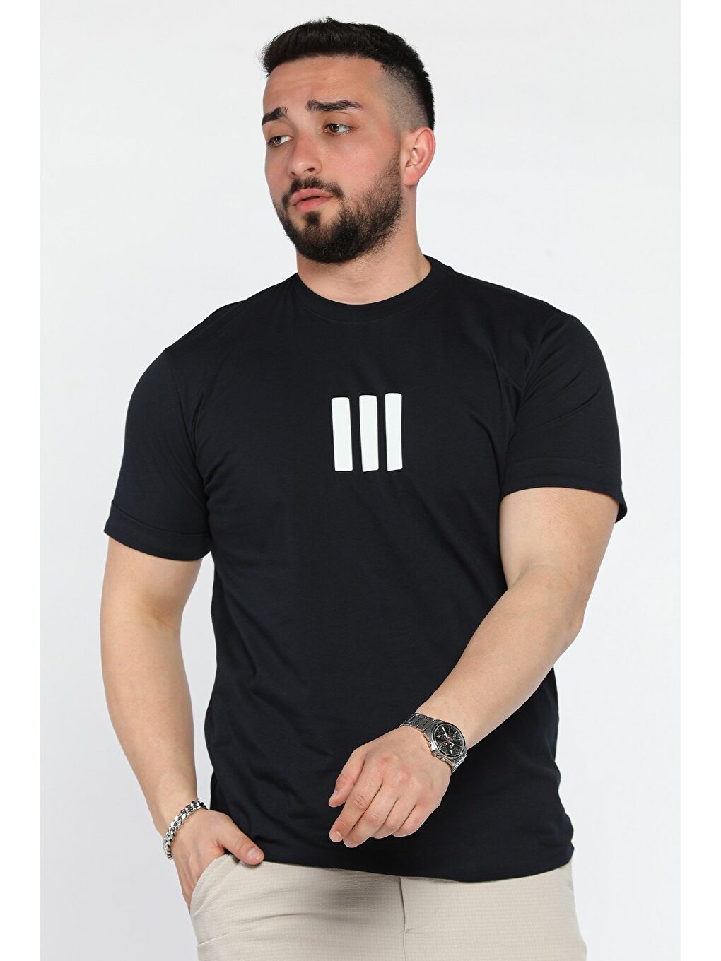 Lacivert Kol Katlamalı Baskılı Erkek Tişört-1