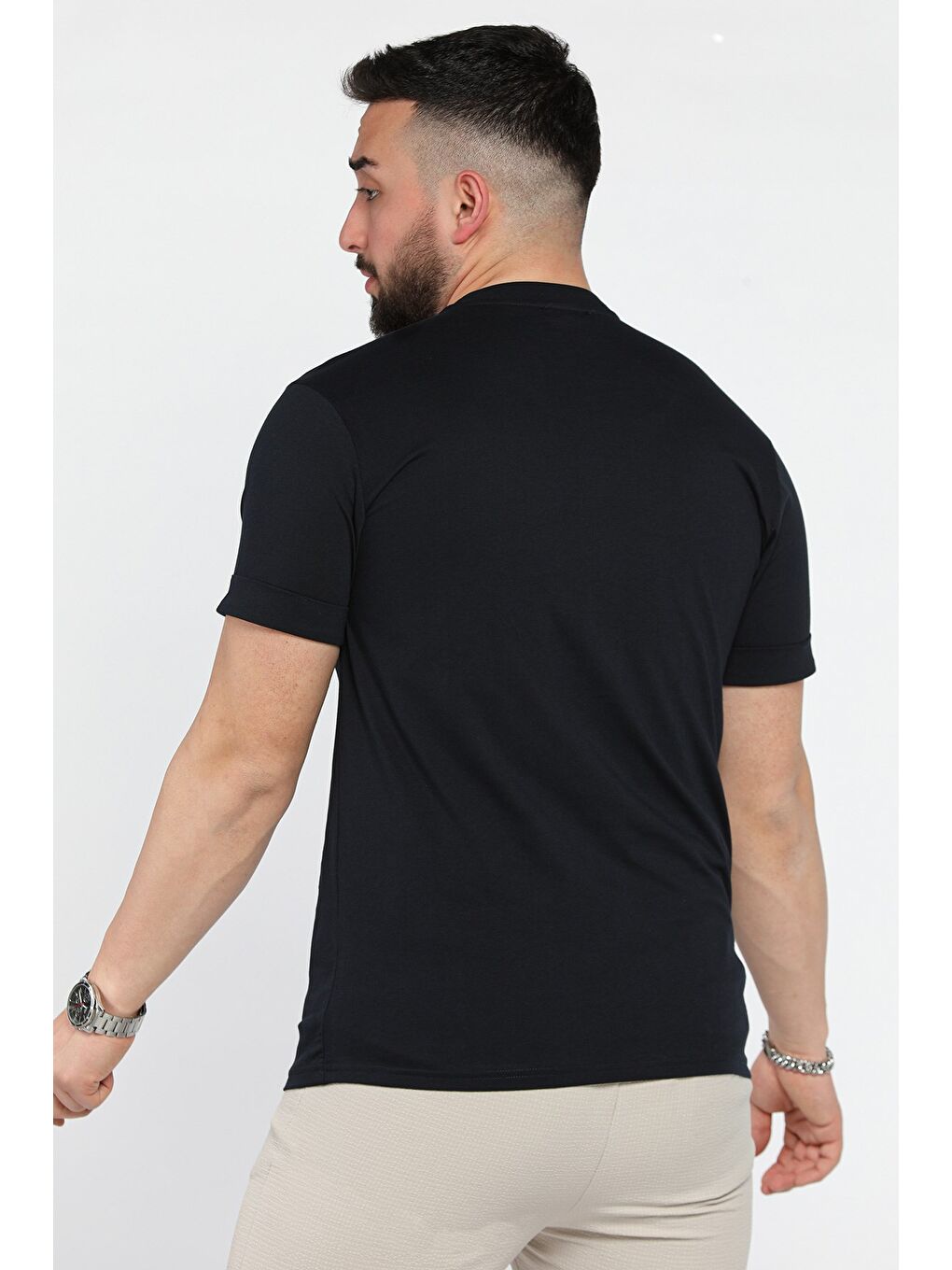 Lacivert Kol Katlamalı Baskılı Erkek Tişört-2