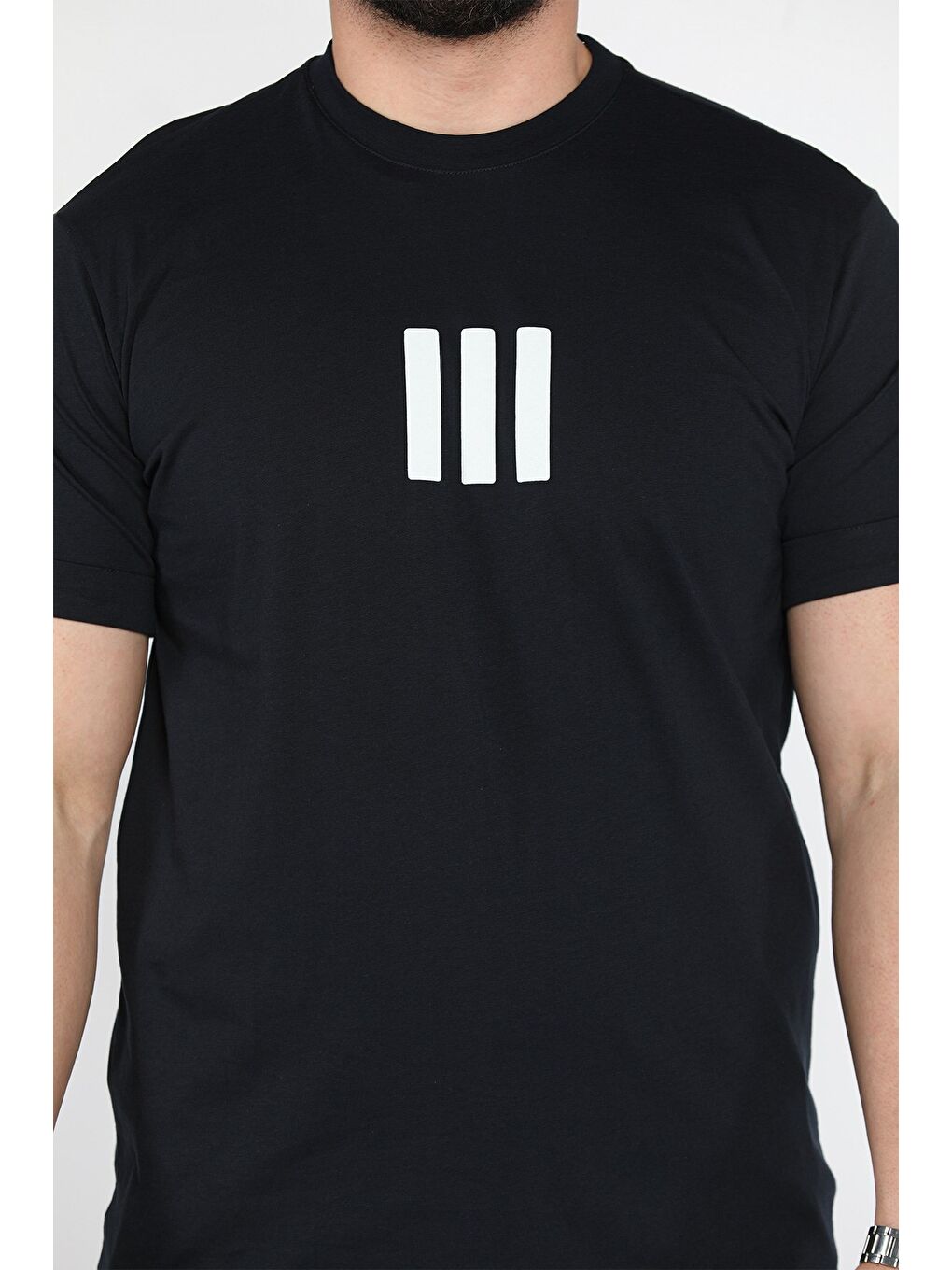 Lacivert Kol Katlamalı Baskılı Erkek Tişört-3