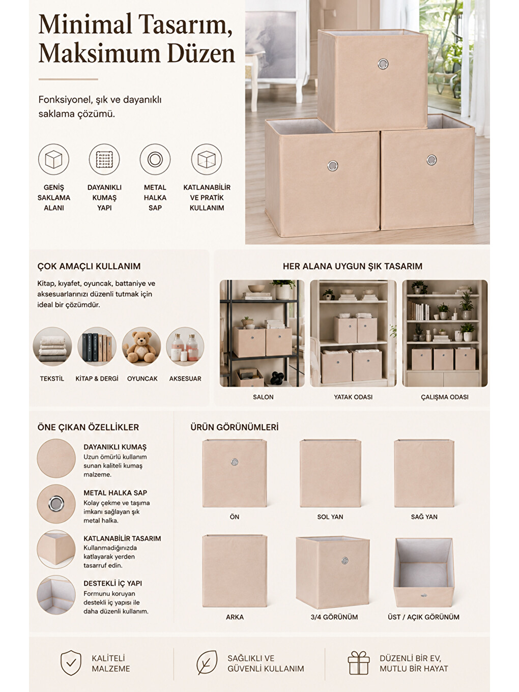 3'lü Dolap İçi Organizer - Oyuncak Kıyafet Saklama Raf Düzenleyici Sepet 30x30x30 Cm Bej-2