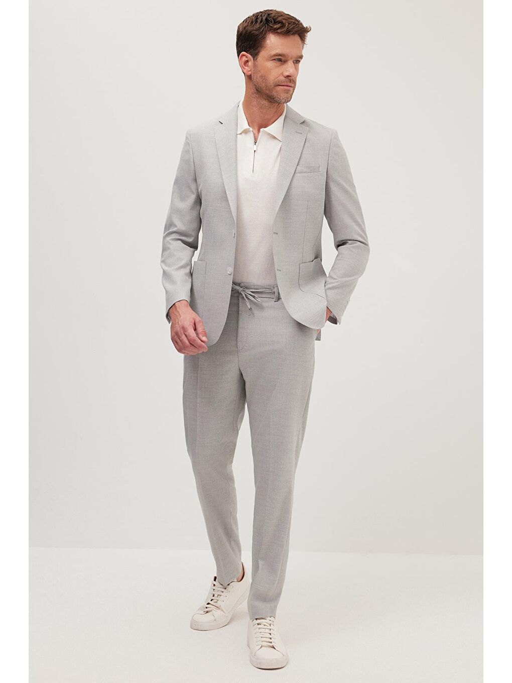 Erkek Slim Fit Mono Yaka Elastanlı Esnek Kumaş Gri Takım Elbise-4