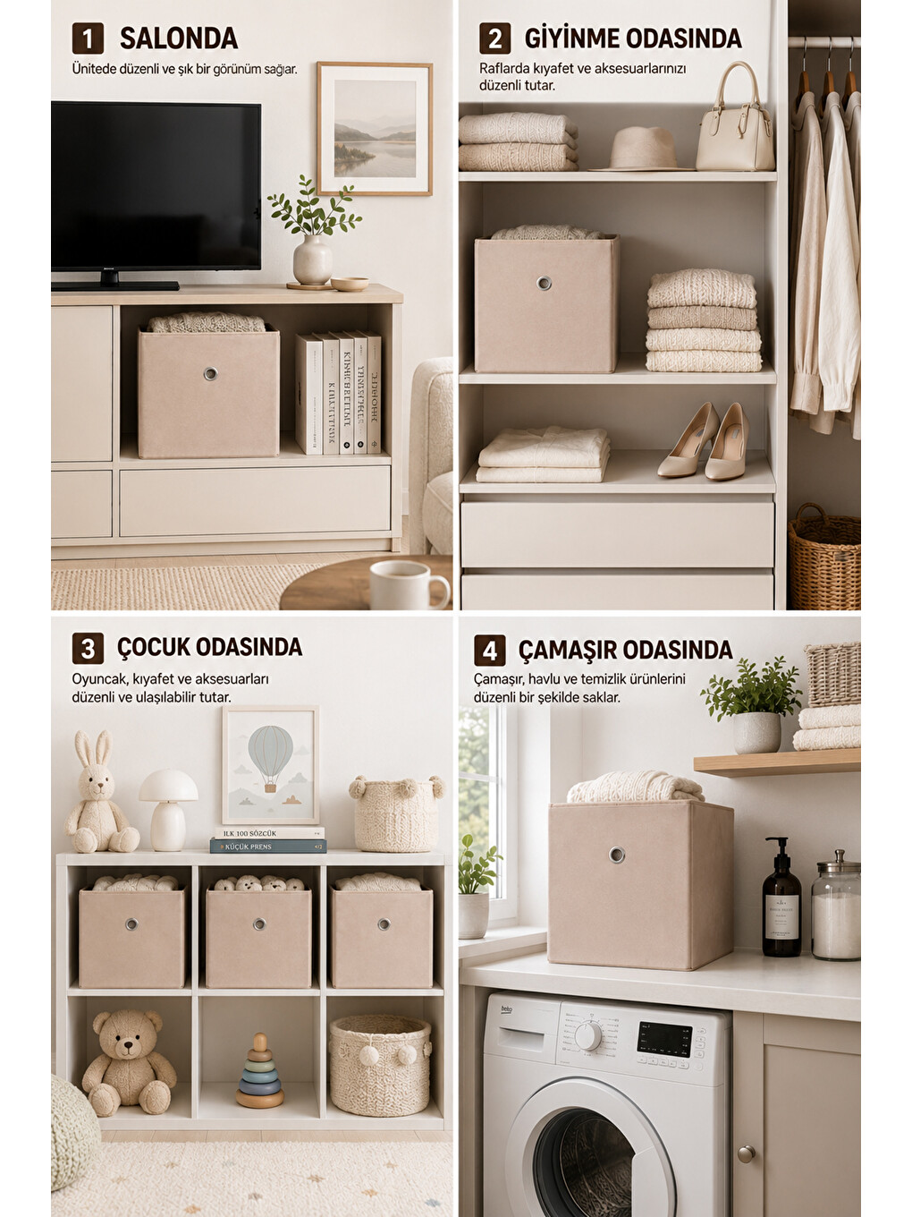 3'lü Dolap İçi Organizer - Oyuncak Kıyafet Saklama Raf Düzenleyici Sepet 30x30x30 Cm Bej-3