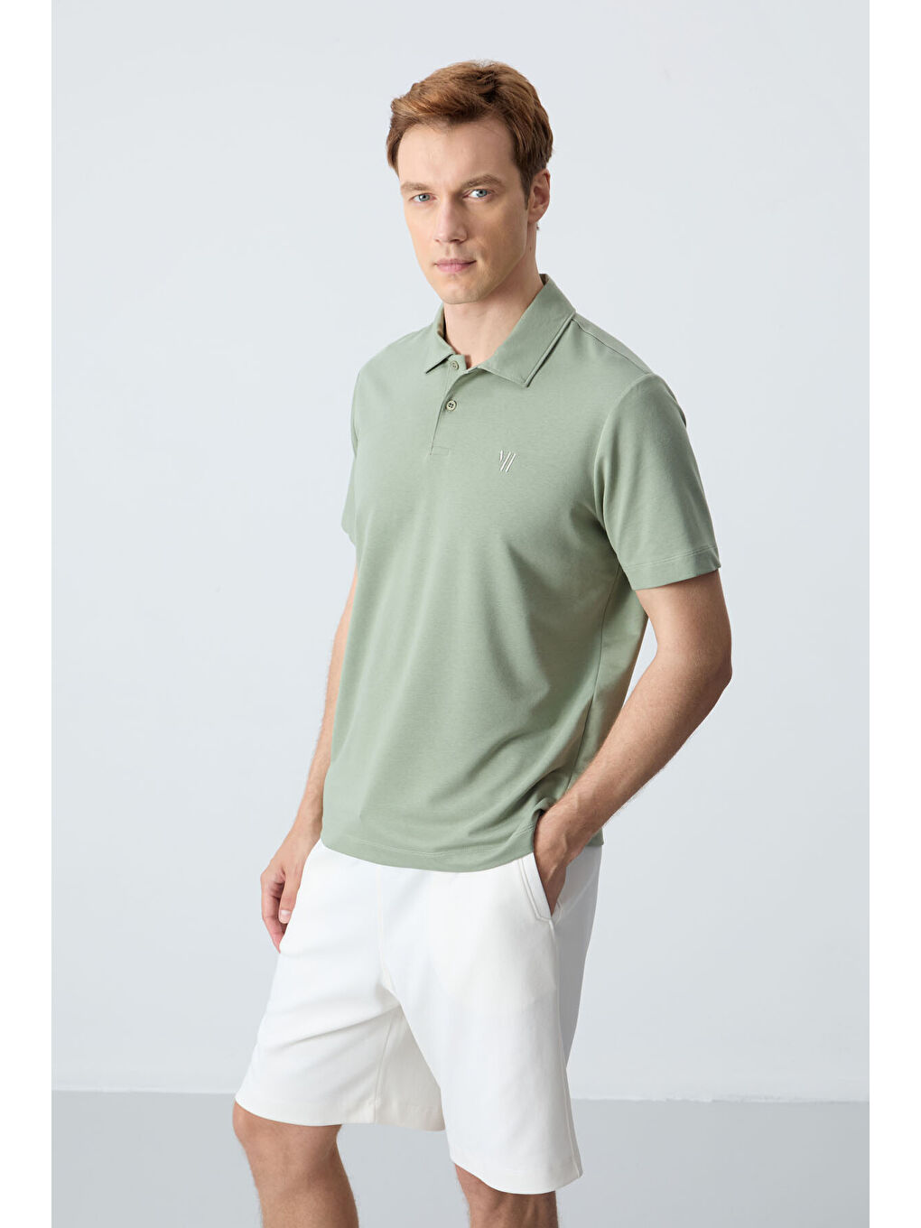 Açık Yeşil Basic Göğüs Logolu Standart Kalıp Triko Polo Yaka Erkek Tişört - 87768-1
