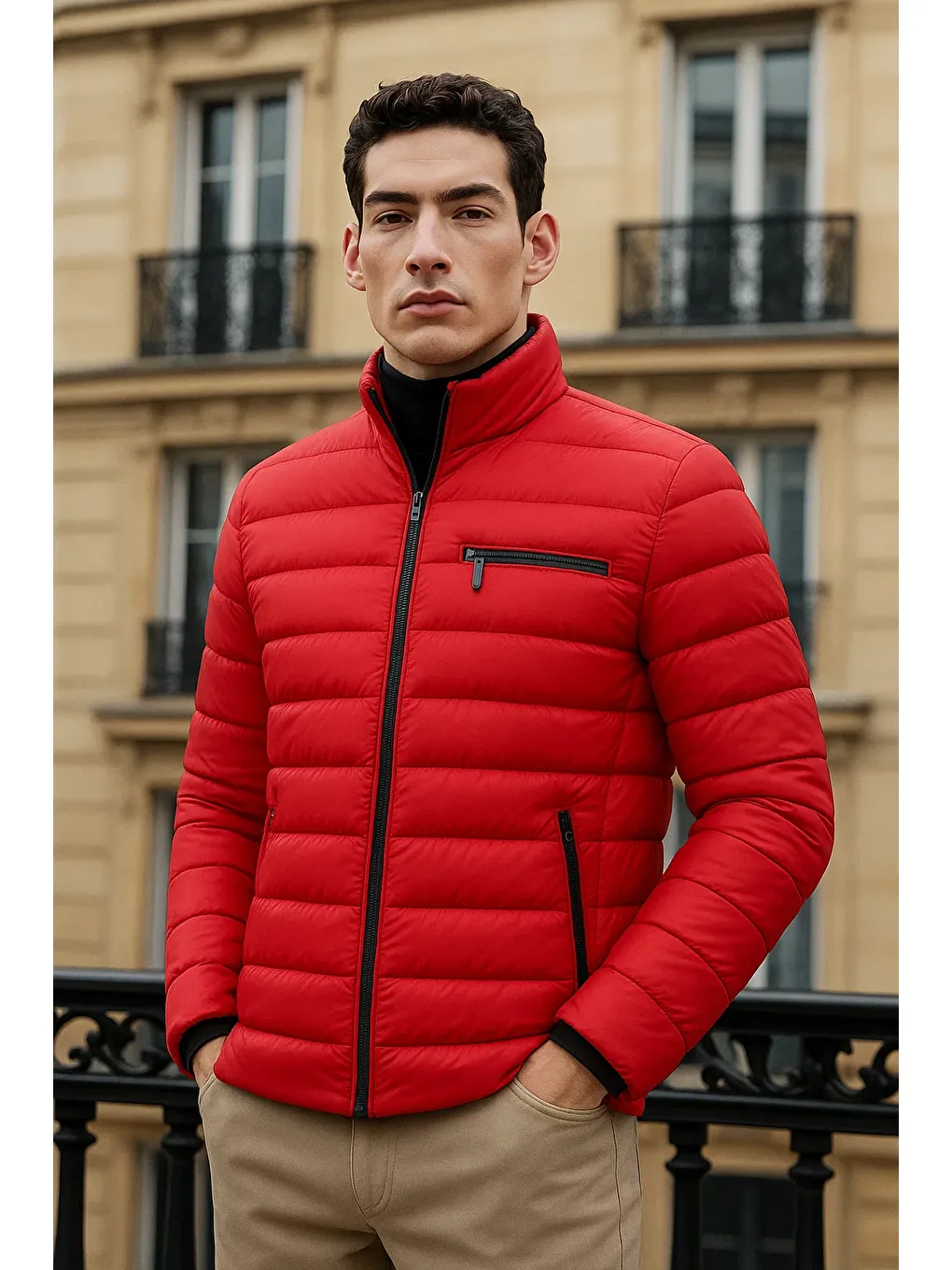 Erkek Trend Basic Dik Yaka Kışlık Kırmızı Şişme Mont