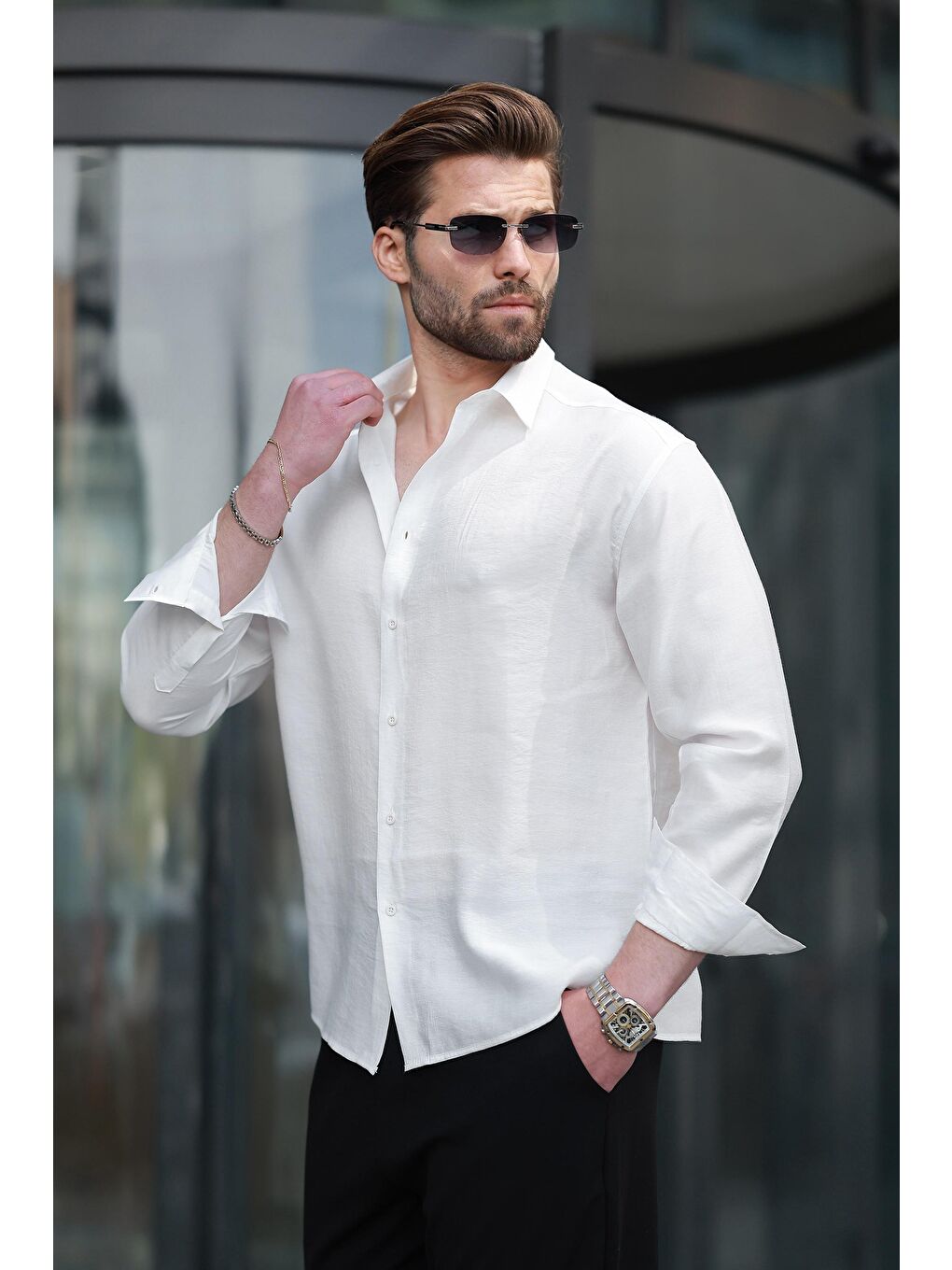 Beyaz Basic Uzun Kollu Erkek Gömlek E6762-2