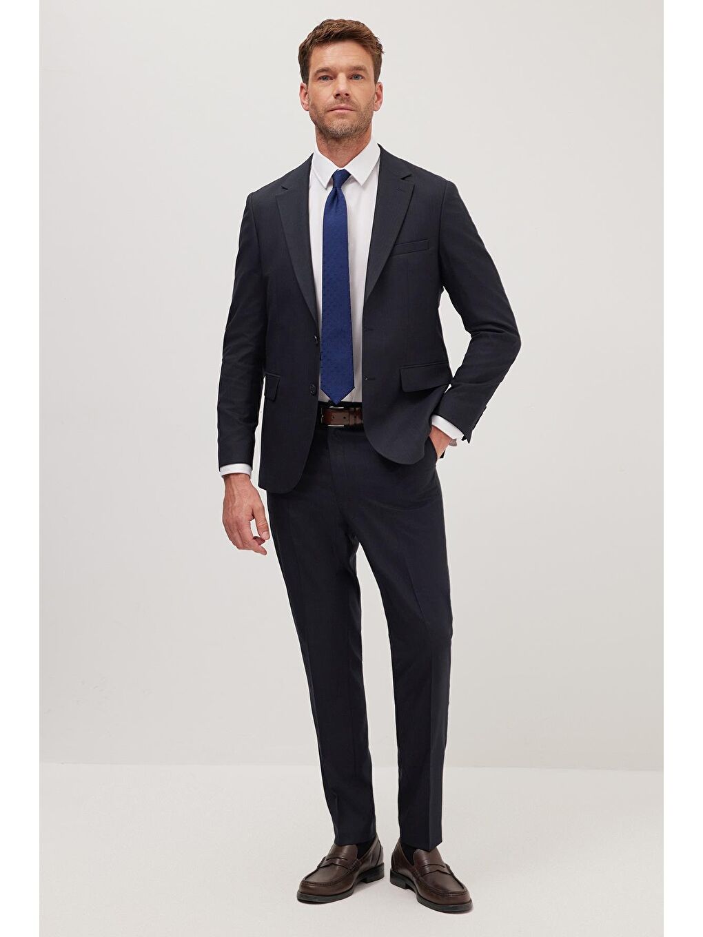 Erkek Regular Fit Esnek Elastanlı Kumaş Mono Yaka Kapaklı Cepli Lacivert Takım Elbise