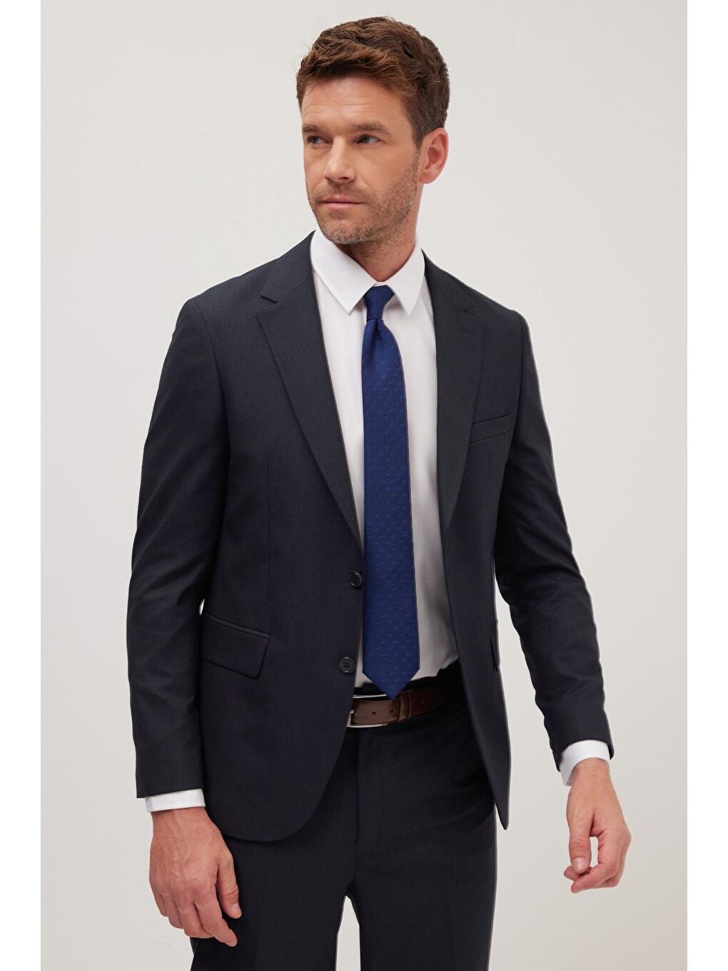 Erkek Regular Fit Esnek Elastanlı Kumaş Mono Yaka Kapaklı Cepli Lacivert Takım Elbise-1