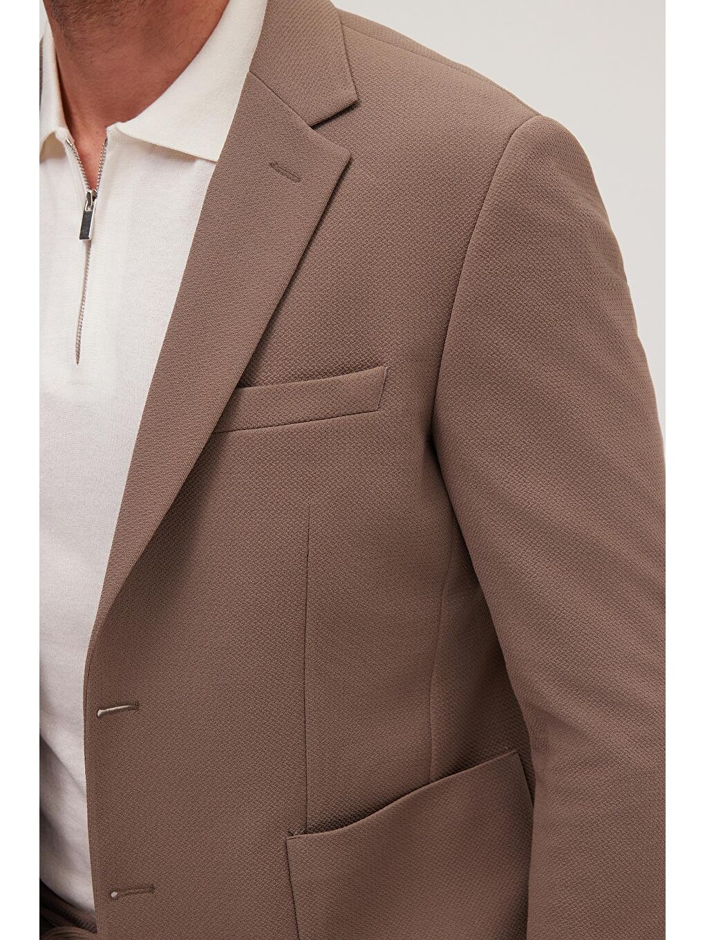 Bej Erkek Regular Fit Vizon Esnek Elastanlı Kumaş Mono Yaka Torba Cepli Takım Elbise-2