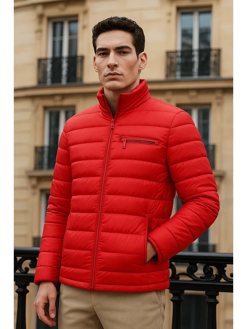 Erkek Trend Basic Dik Yaka Kışlık Kırmızı Şişme Mont-1