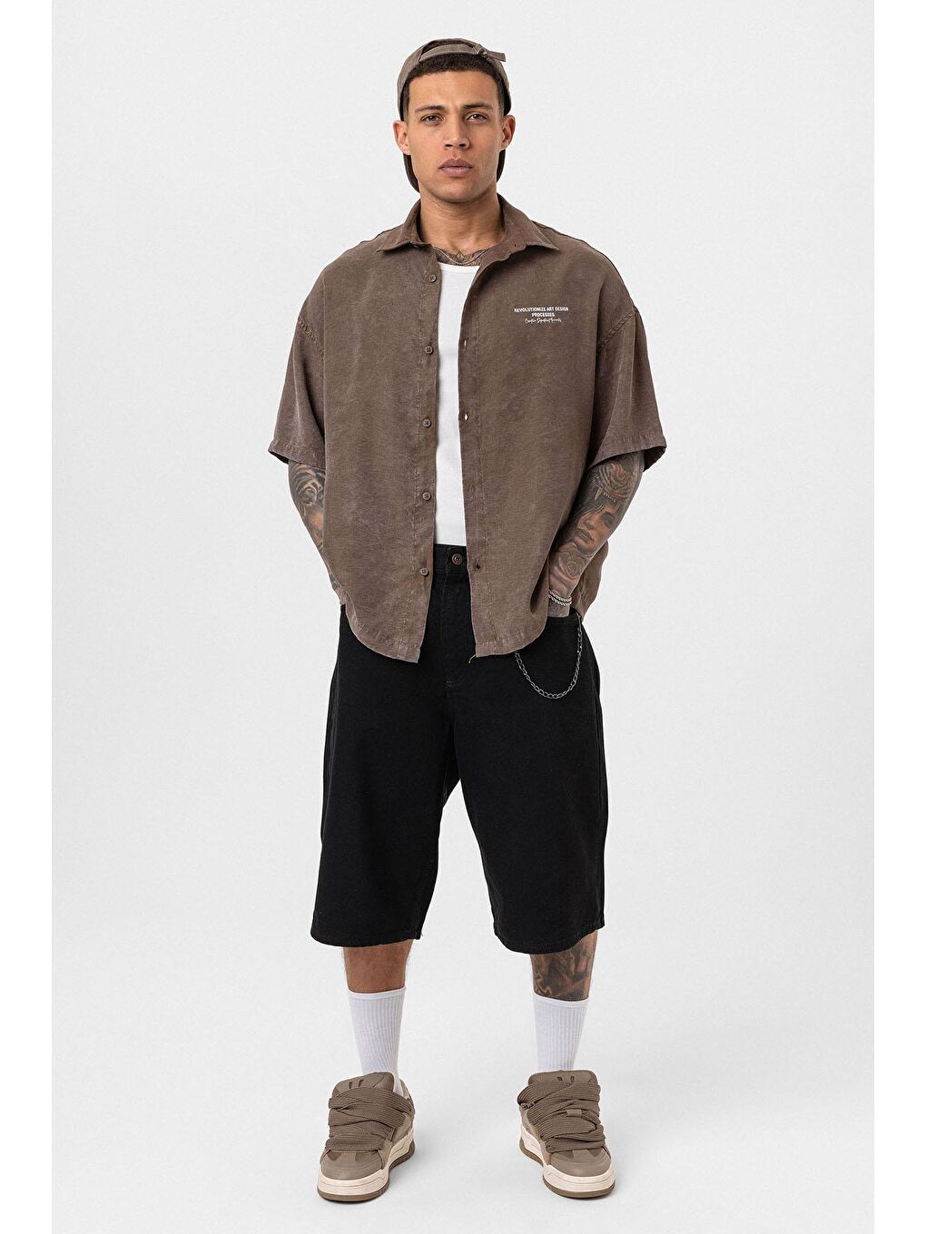 Kahverengi Yıkamalı Oversize Kısa Kol Baskılı Gömlek Kahve