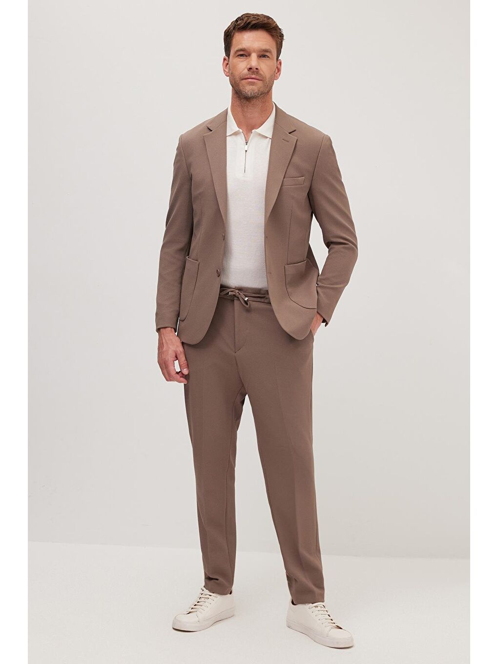 Bej Erkek Regular Fit Vizon Esnek Elastanlı Kumaş Mono Yaka Torba Cepli Takım Elbise-3