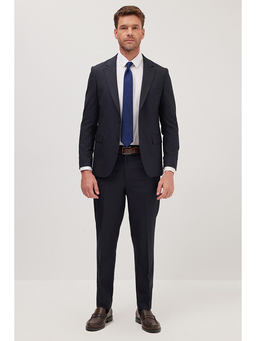 Erkek Regular Fit Esnek Elastanlı Kumaş Mono Yaka Kapaklı Cepli Lacivert Takım Elbise-4