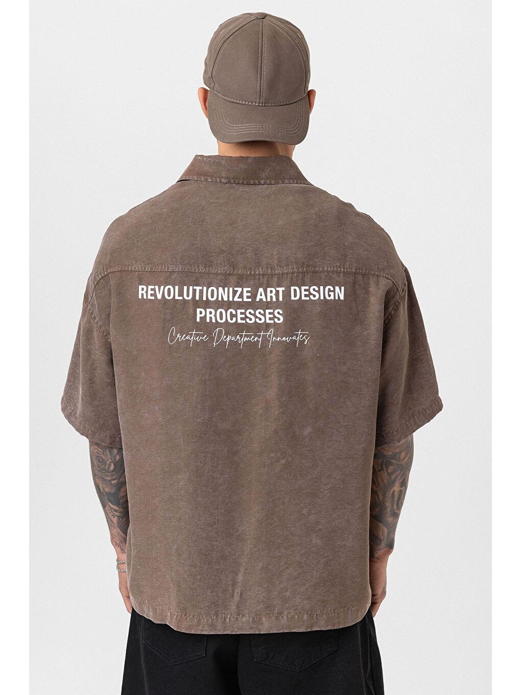 Kahverengi Yıkamalı Oversize Kısa Kol Baskılı Gömlek Kahve-4