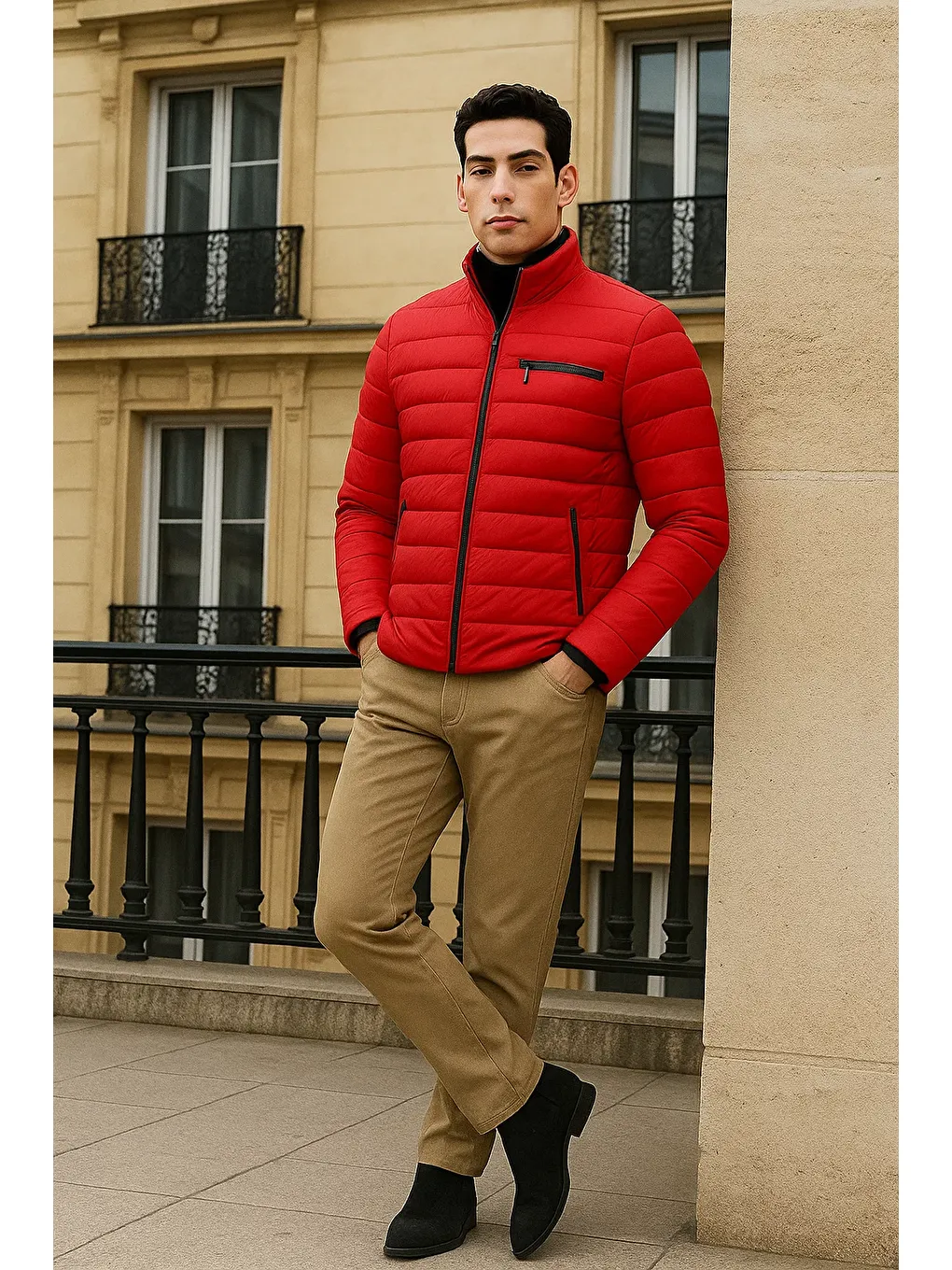 Erkek Trend Basic Dik Yaka Kışlık Kırmızı Şişme Mont-2