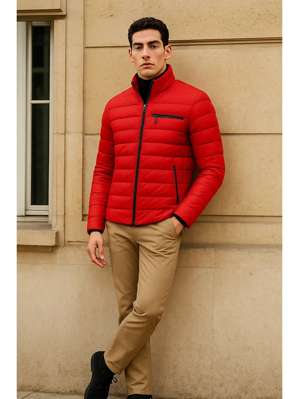 Erkek Trend Basic Dik Yaka Kışlık Kırmızı Şişme Mont-3