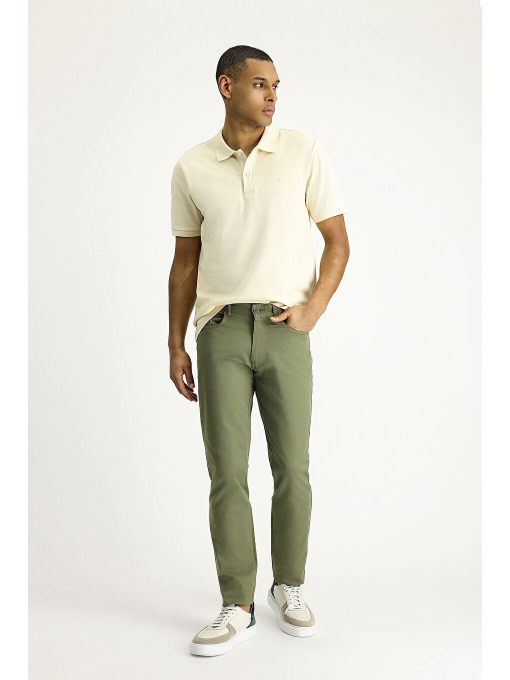 Haki Slim Fit Dar Kesim Elastanlı Kanvas / Chino Pantolon