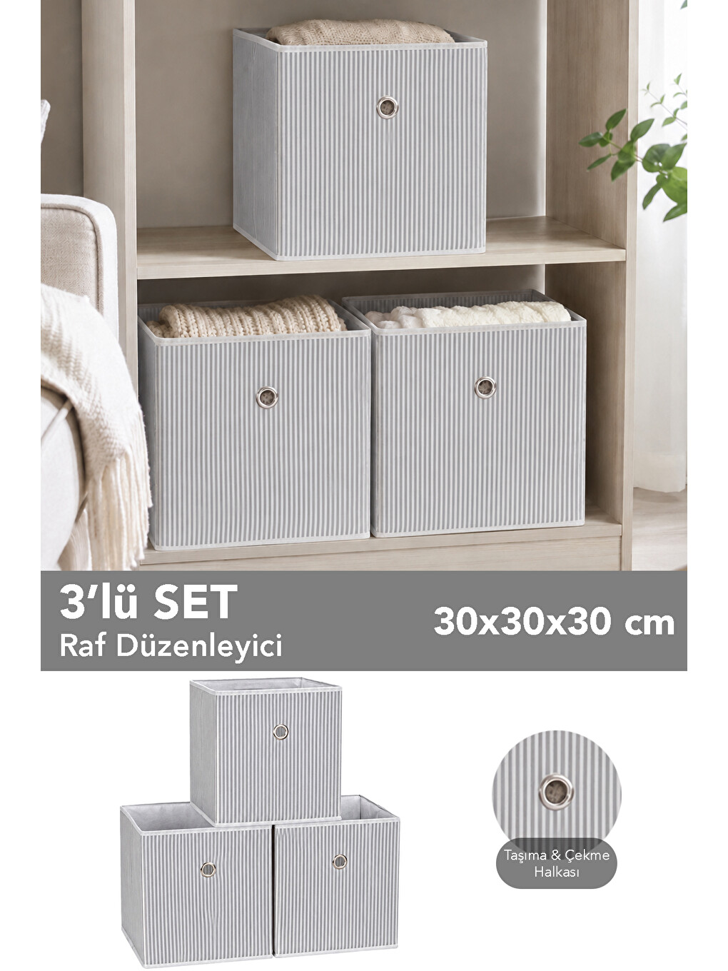 Beyaz 3'lü Çizgili Dolap İçi Organizer - Oyuncak Kıyafet Saklama Raf Düzenleyici Sepet 30x30x30 Cm
