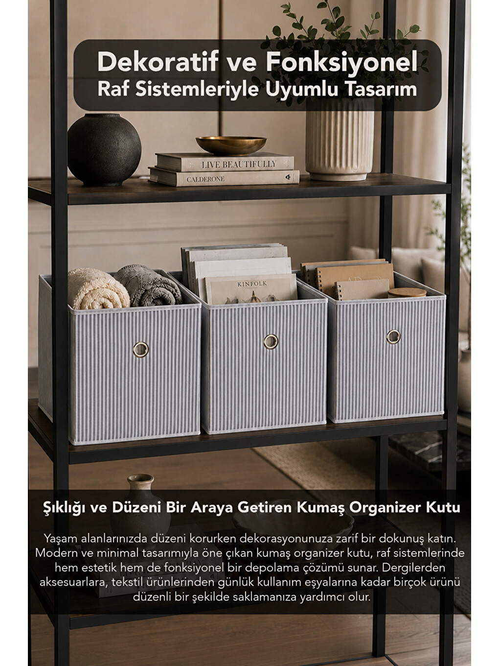Beyaz 3'lü Çizgili Dolap İçi Organizer - Oyuncak Kıyafet Saklama Raf Düzenleyici Sepet 30x30x30 Cm-2