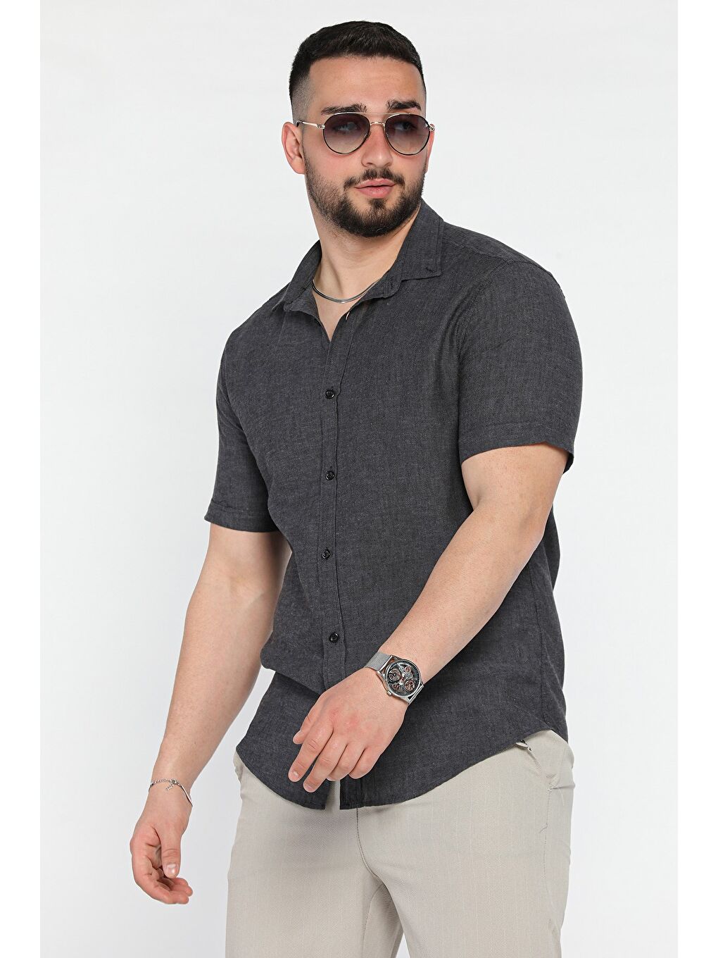 Gri Erkek Kısa Kol Keten Gömlek-1