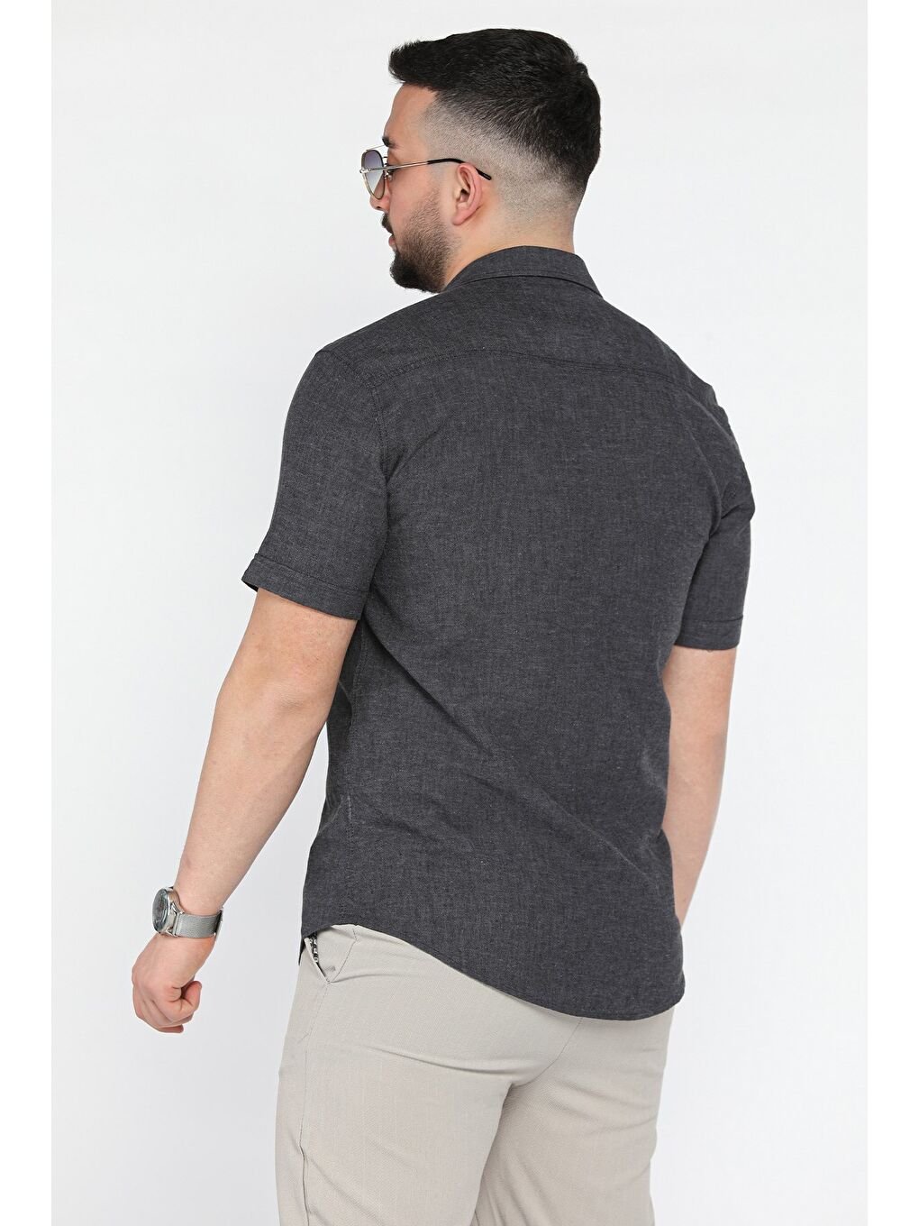 Gri Erkek Kısa Kol Keten Gömlek-2