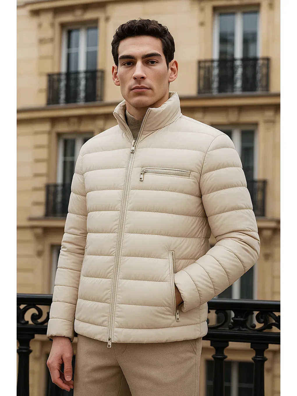 Ekru Erkek Trend Basic Dik Yaka Kışlık Krem Şişme Mont