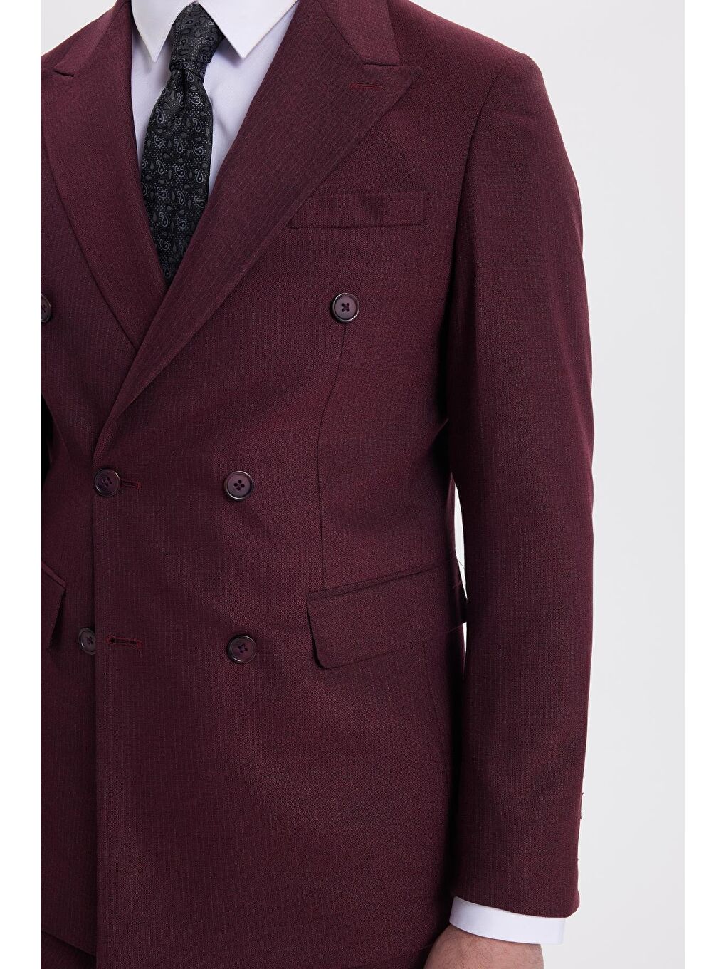 Erkek Slim Fit Sivri Yaka Çizgili Kapaklı Cepli Bordo Takım Elbise-3