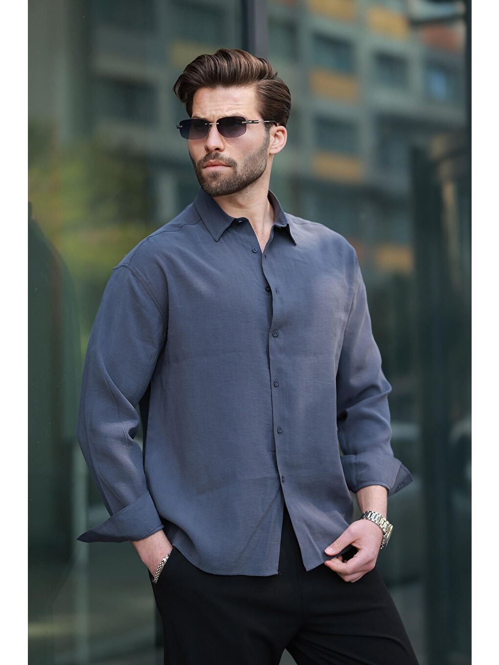 Gri Füme Basic Uzun Kollu Erkek Gömlek E6762-1