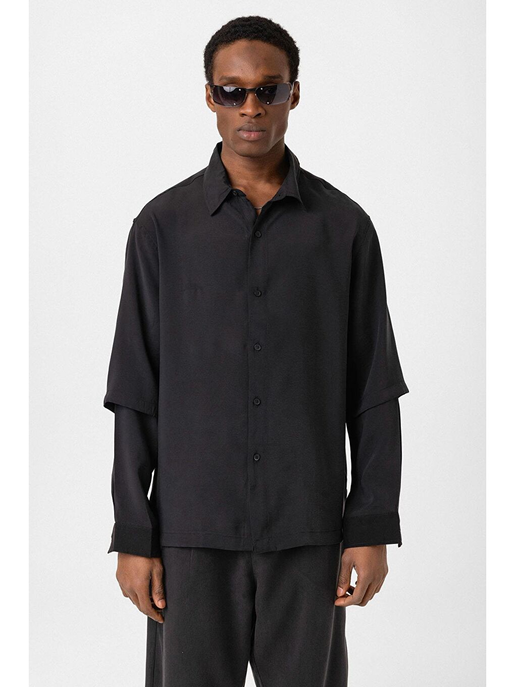 Çift Kol Detaylı Oversize Gömlek Siyah-2