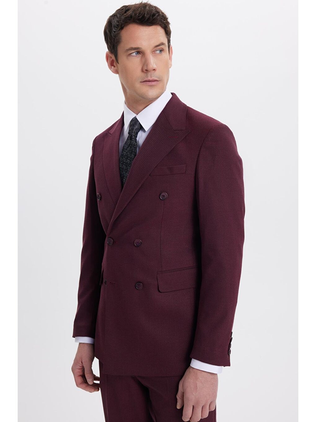 Erkek Slim Fit Sivri Yaka Çizgili Kapaklı Cepli Bordo Takım Elbise-4