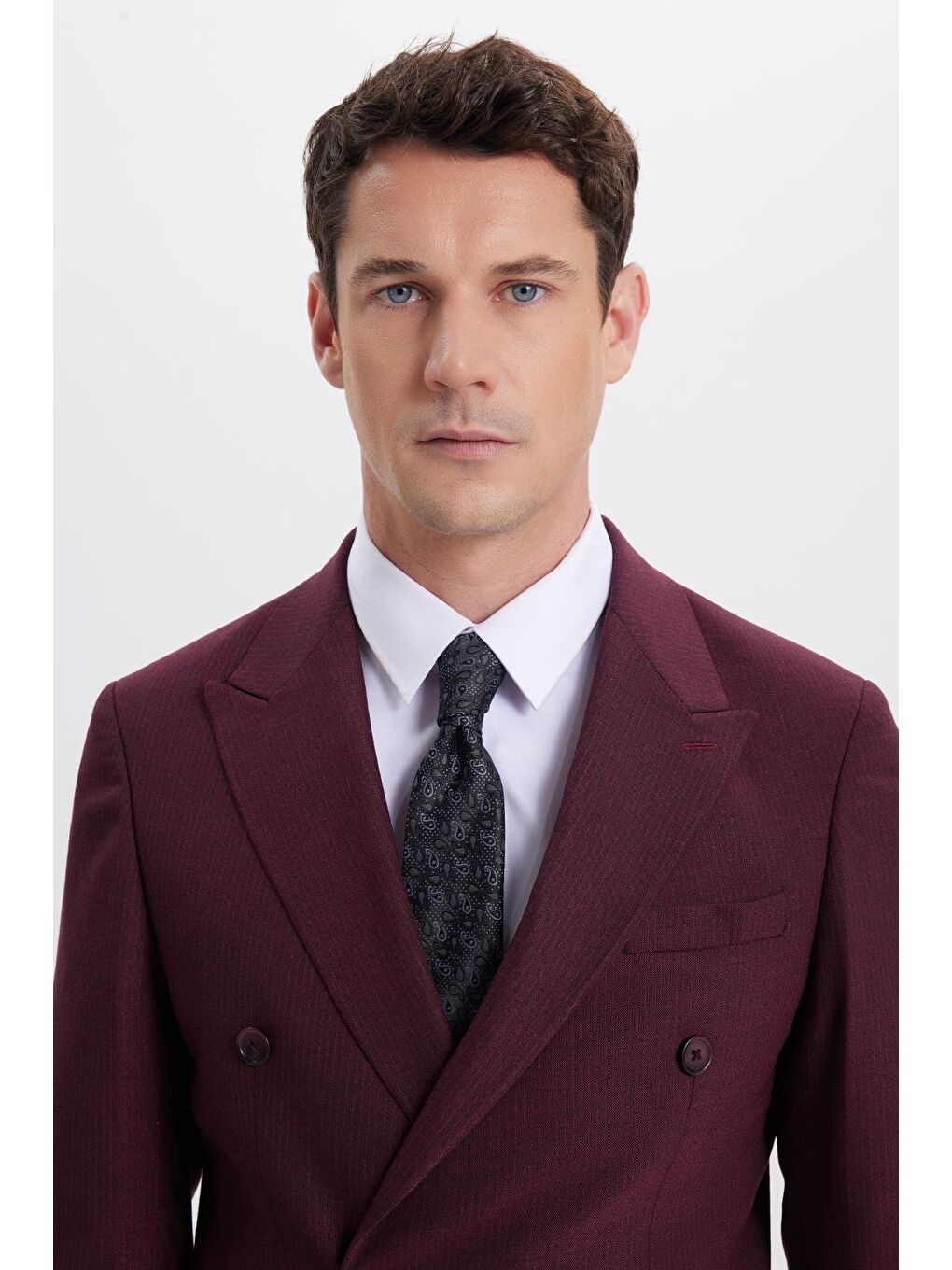 Erkek Slim Fit Sivri Yaka Çizgili Kapaklı Cepli Bordo Takım Elbise-6