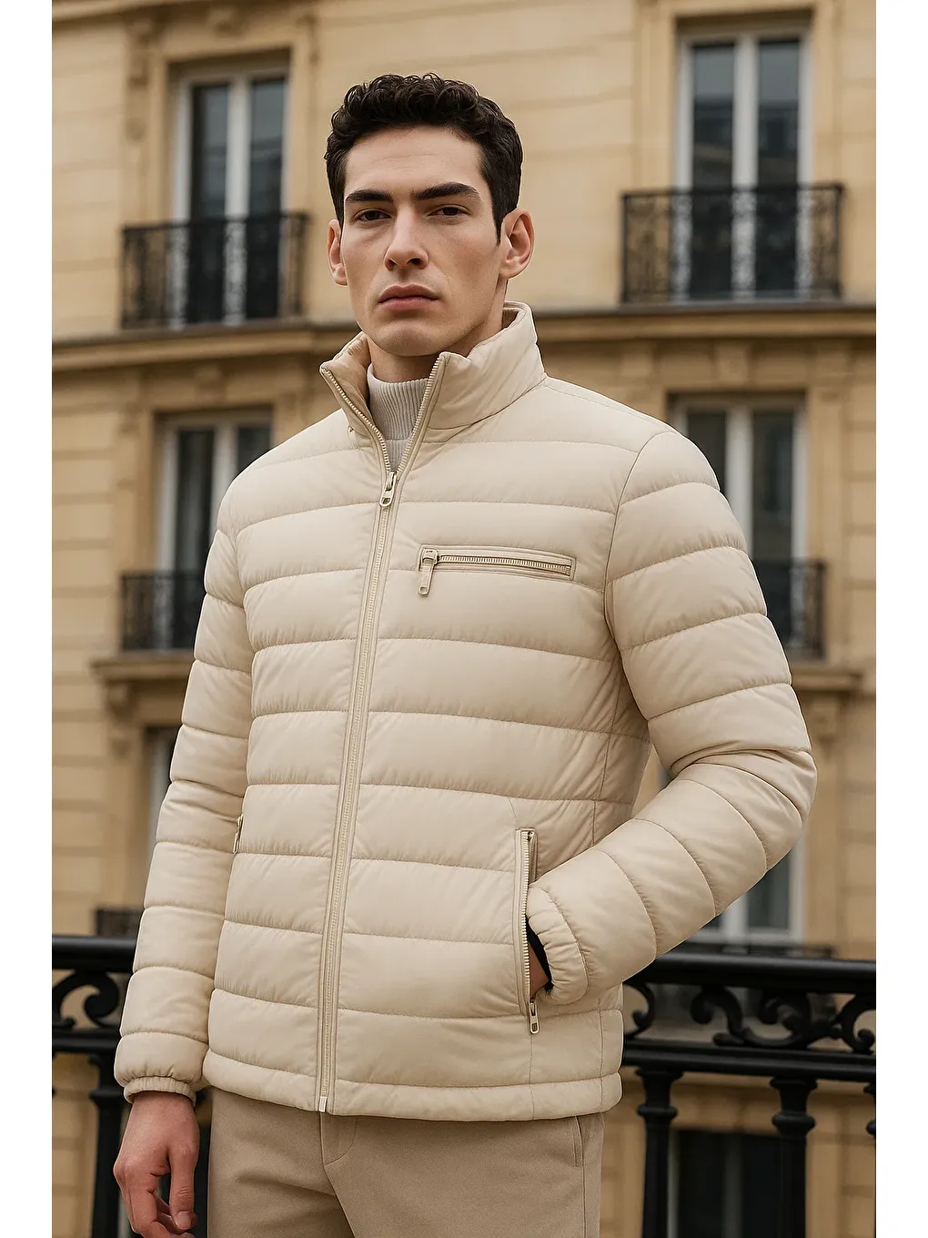 Ekru Erkek Trend Basic Dik Yaka Kışlık Krem Şişme Mont-1