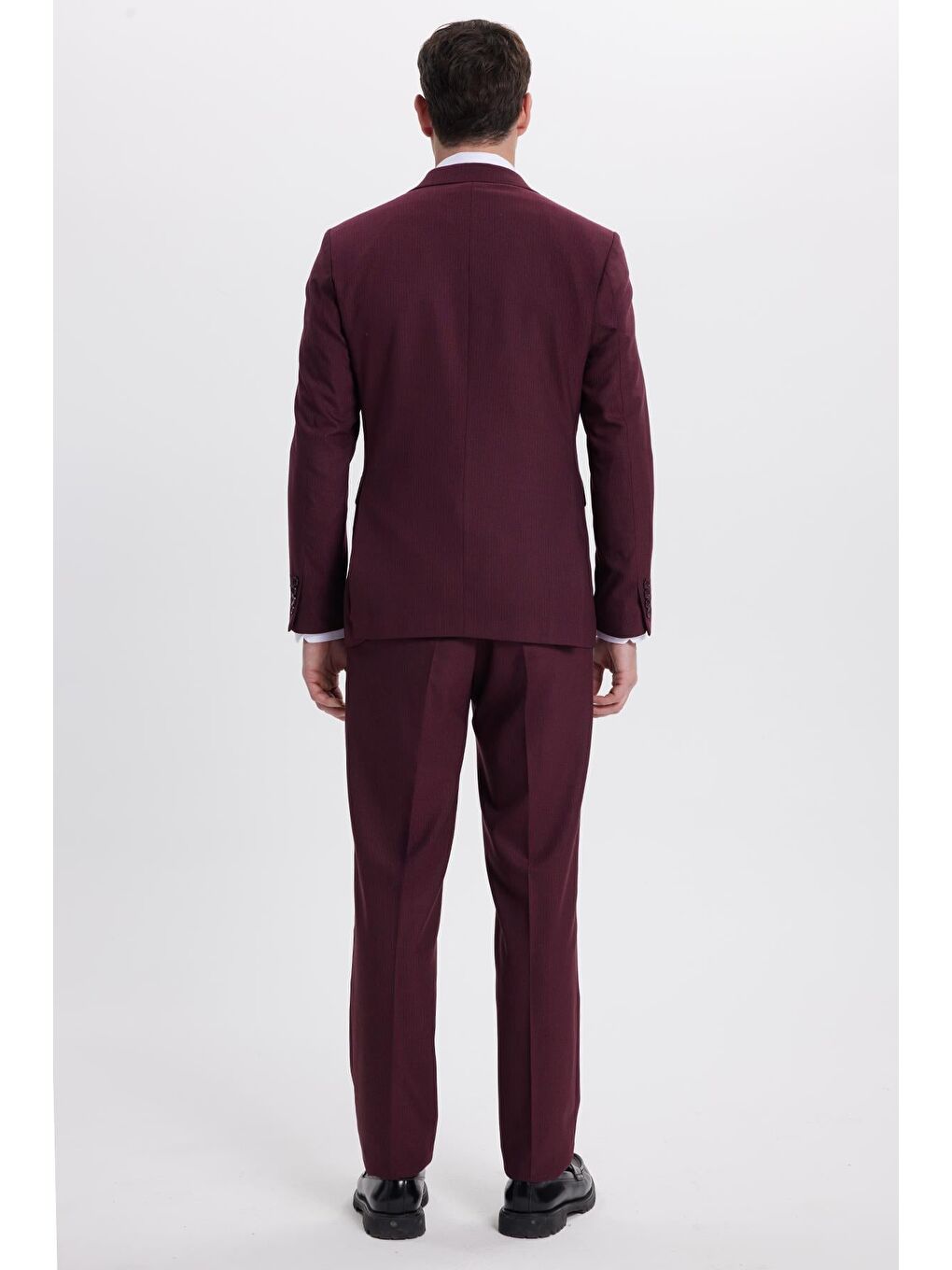 Erkek Slim Fit Sivri Yaka Çizgili Kapaklı Cepli Bordo Takım Elbise-9