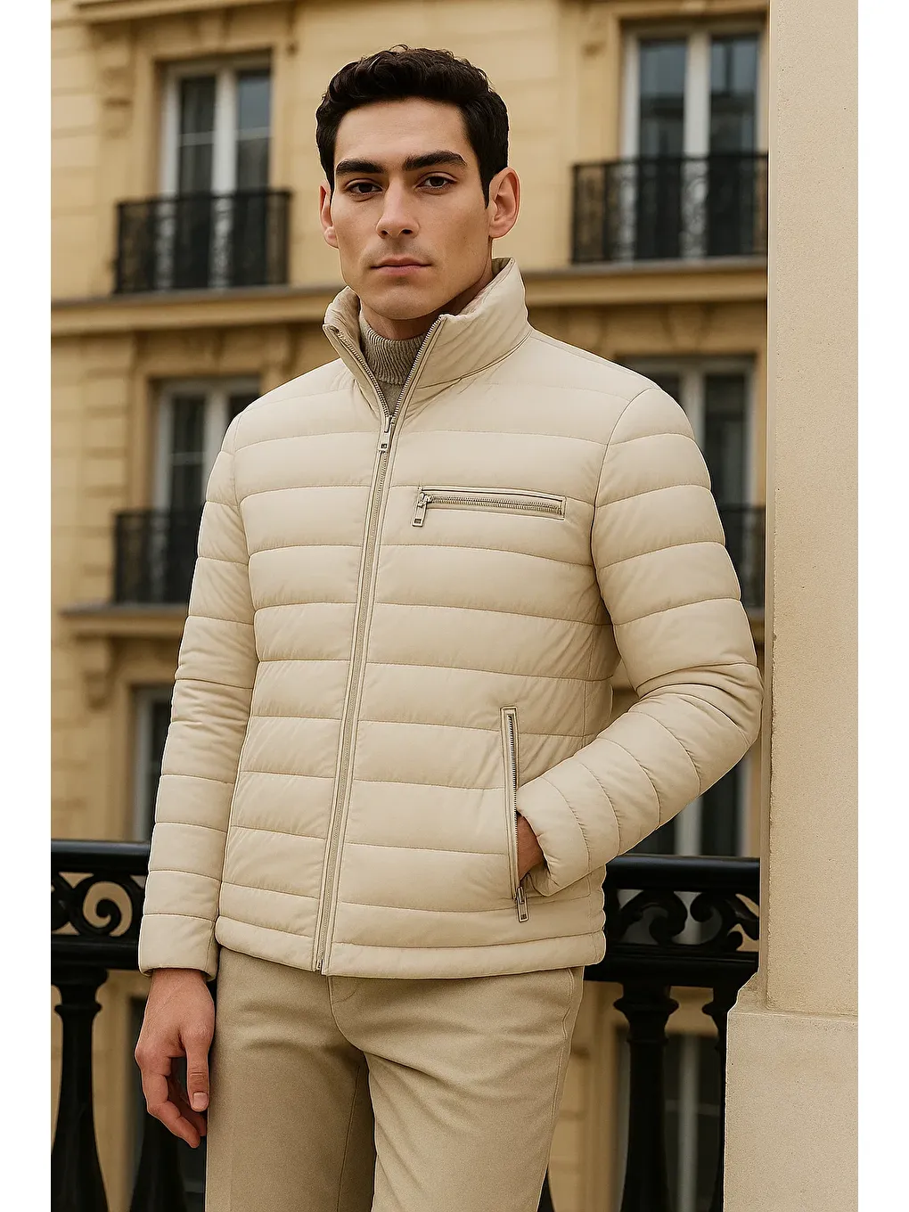 Ekru Erkek Trend Basic Dik Yaka Kışlık Krem Şişme Mont-2