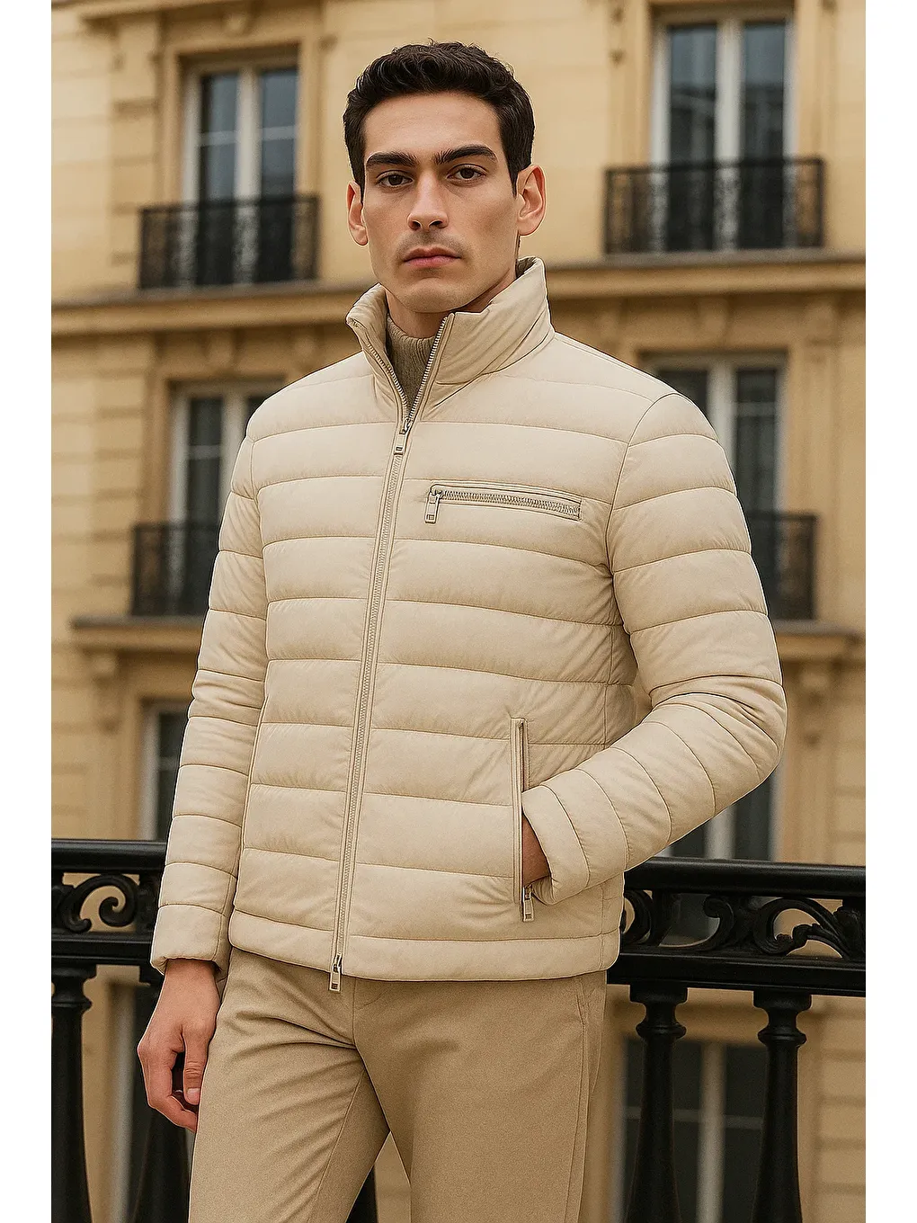 Ekru Erkek Trend Basic Dik Yaka Kışlık Krem Şişme Mont-3