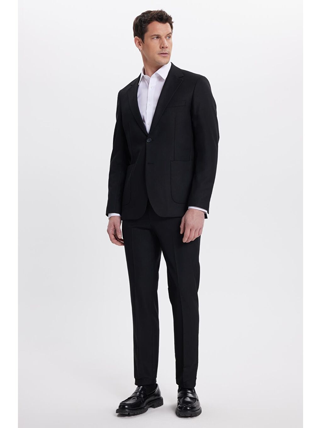 Erkek Regular Fit Siyah Mono Yaka Beli Bağcıklı Torba Cepli Takım Elbise-4