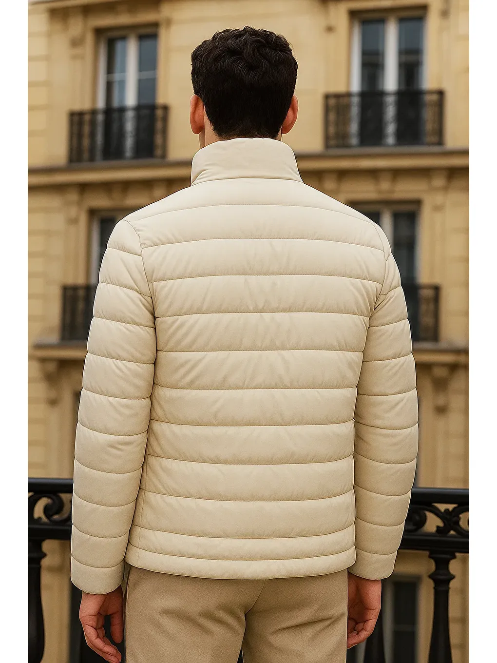 Ekru Erkek Trend Basic Dik Yaka Kışlık Krem Şişme Mont-4