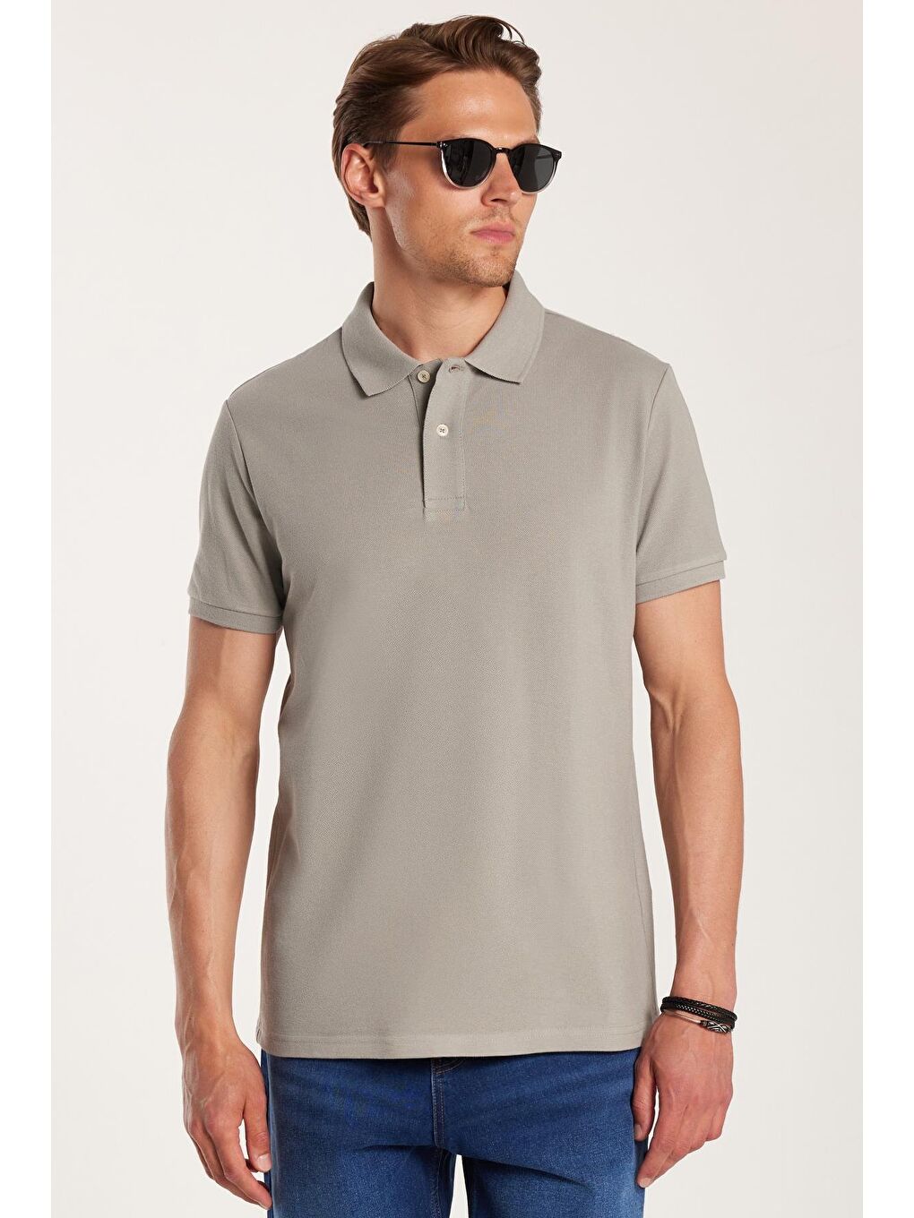 Erkek Slim Fit Dar Kesim %100 Pamuk Gri Polo Yaka Tişört