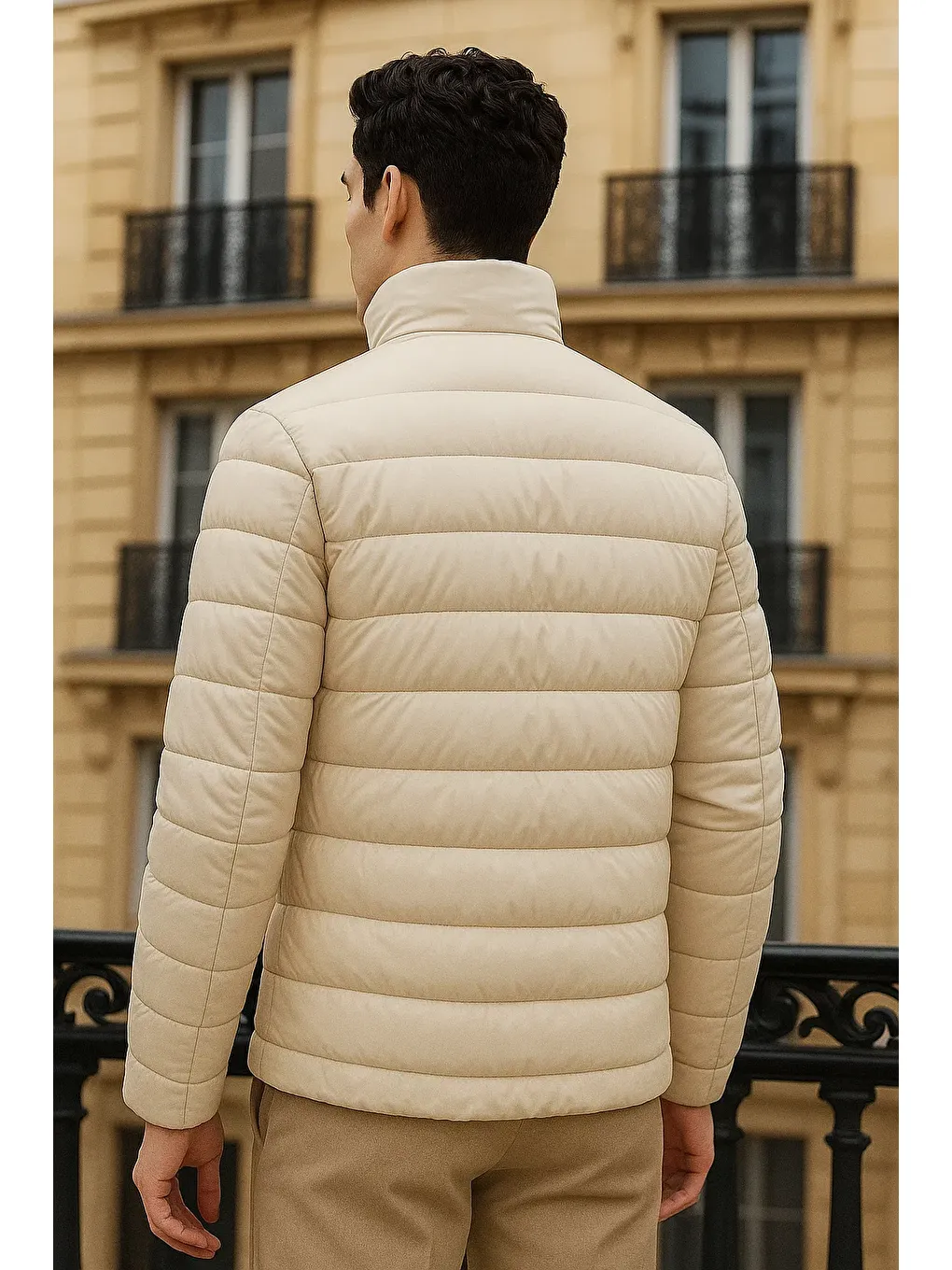 Ekru Erkek Trend Basic Dik Yaka Kışlık Krem Şişme Mont-5