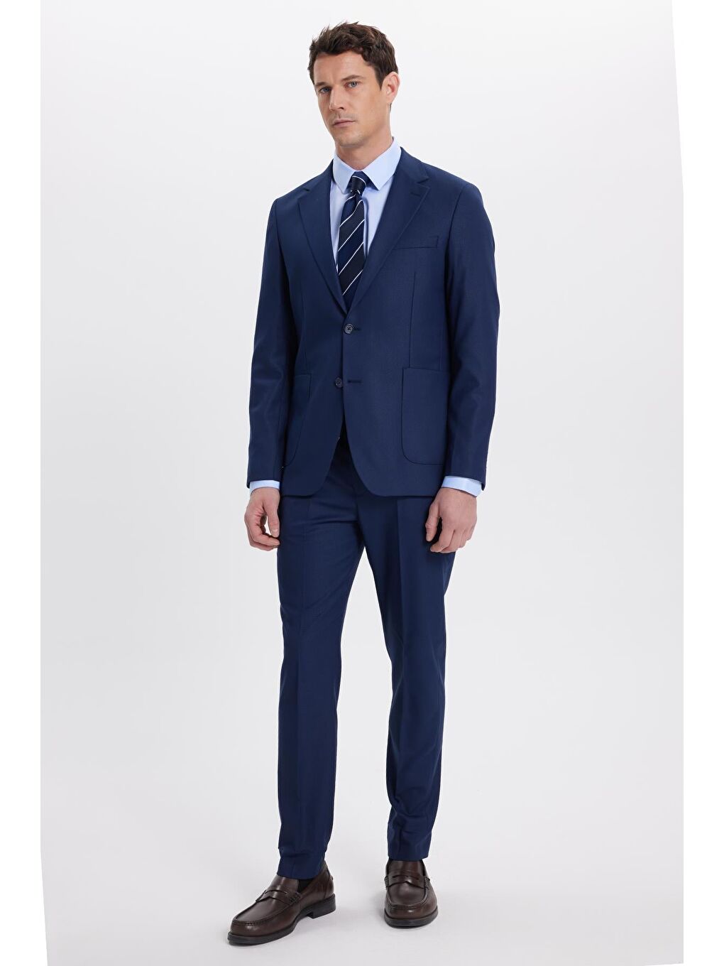 Erkek Regular Fit Koyu Lacivert Mono Yaka Beli Bağcıklı Torba Cepli Takım Elbise