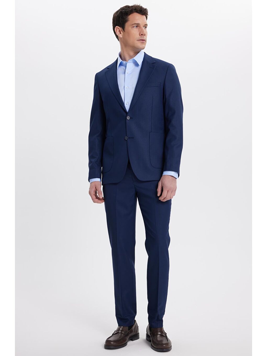 Erkek Regular Fit Koyu Lacivert Mono Yaka Beli Bağcıklı Torba Cepli Takım Elbise-1