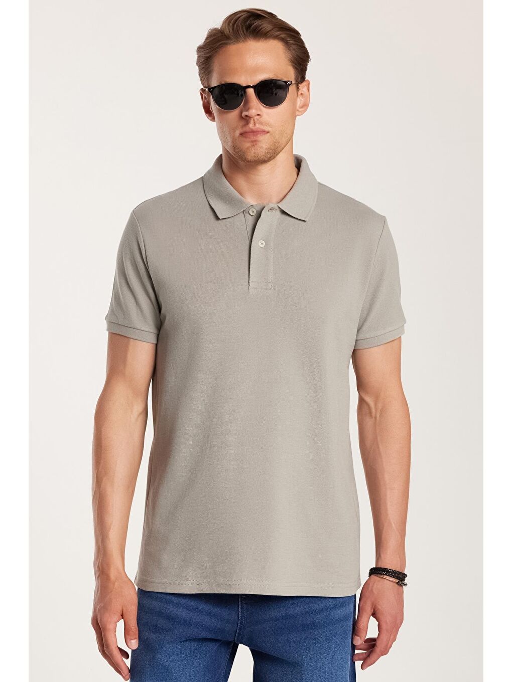 Erkek Slim Fit Dar Kesim %100 Pamuk Gri Polo Yaka Tişört-3