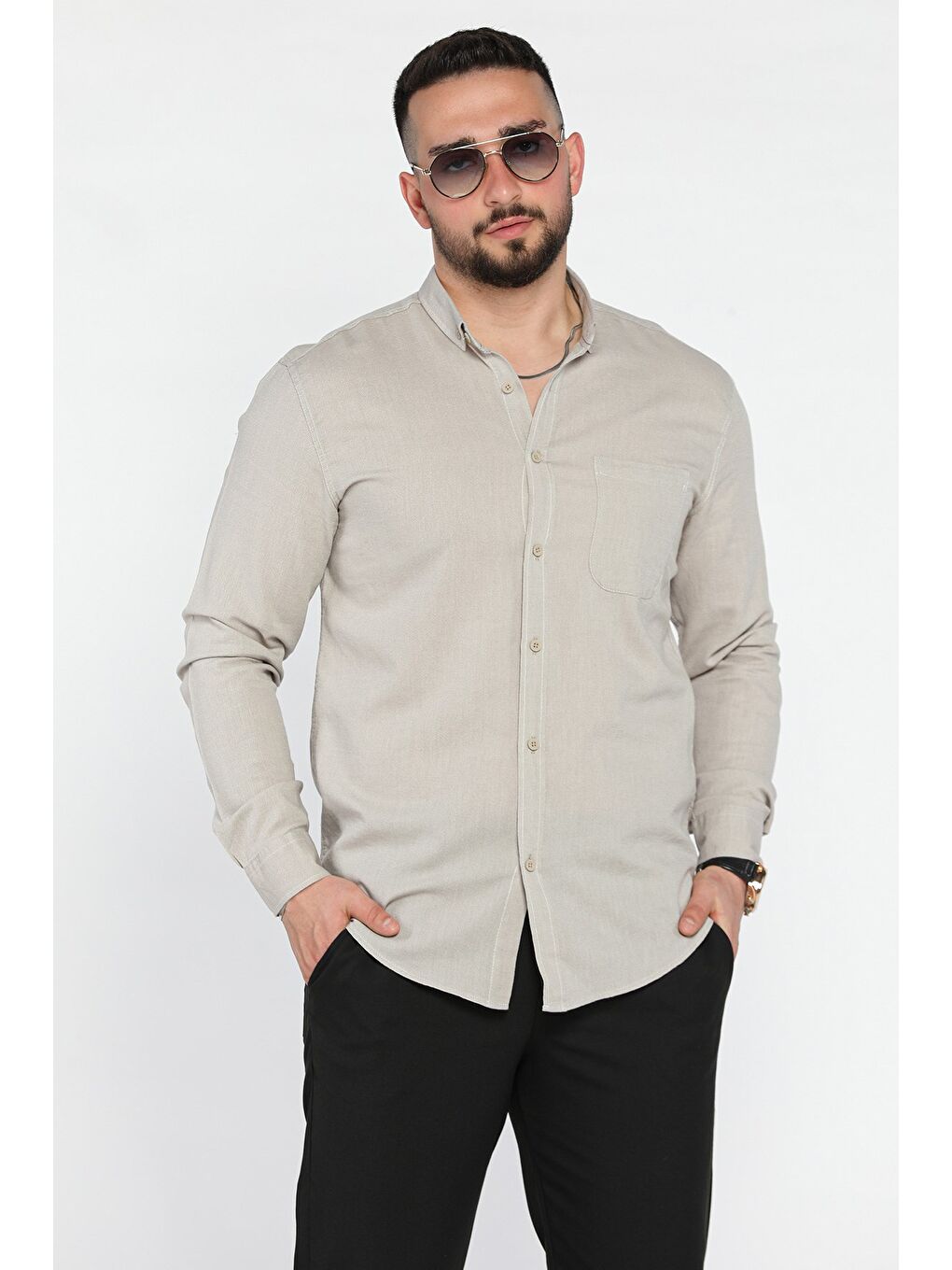 Bej Tek Cepli Uzun Kol Erkek Gömlek-1