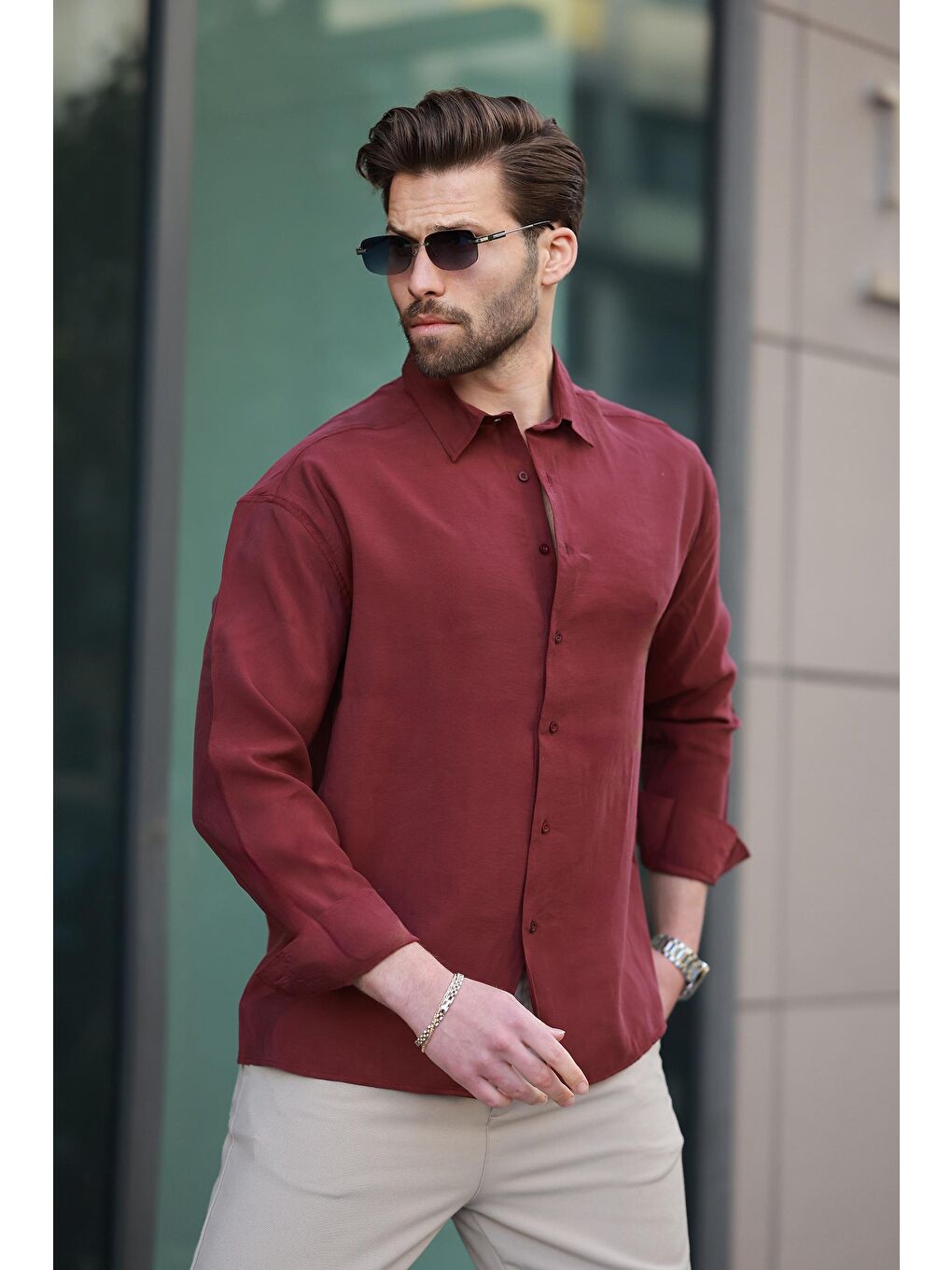 Bordo Basic Uzun Kollu Erkek Gömlek E6762-1